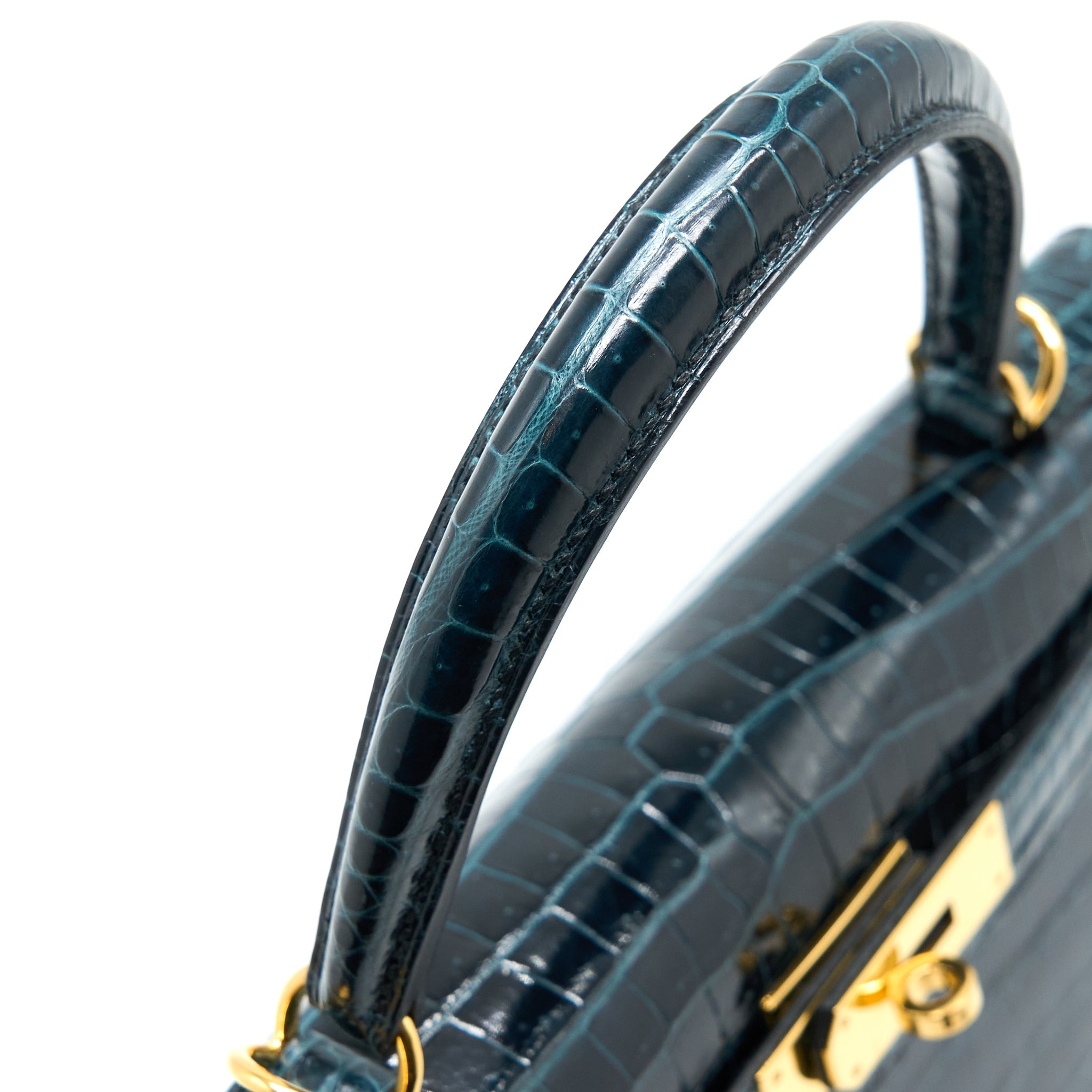 HERMES KELLY 28 CROCODILE POROUS KISSES V0 VERT ROUSSEAU GHW
