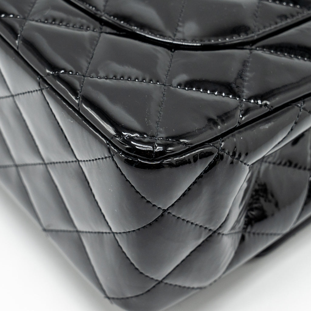 CHANEL JUMBO CLASSIC DOUBLE FLAP BAG PATENT BLACK SHW