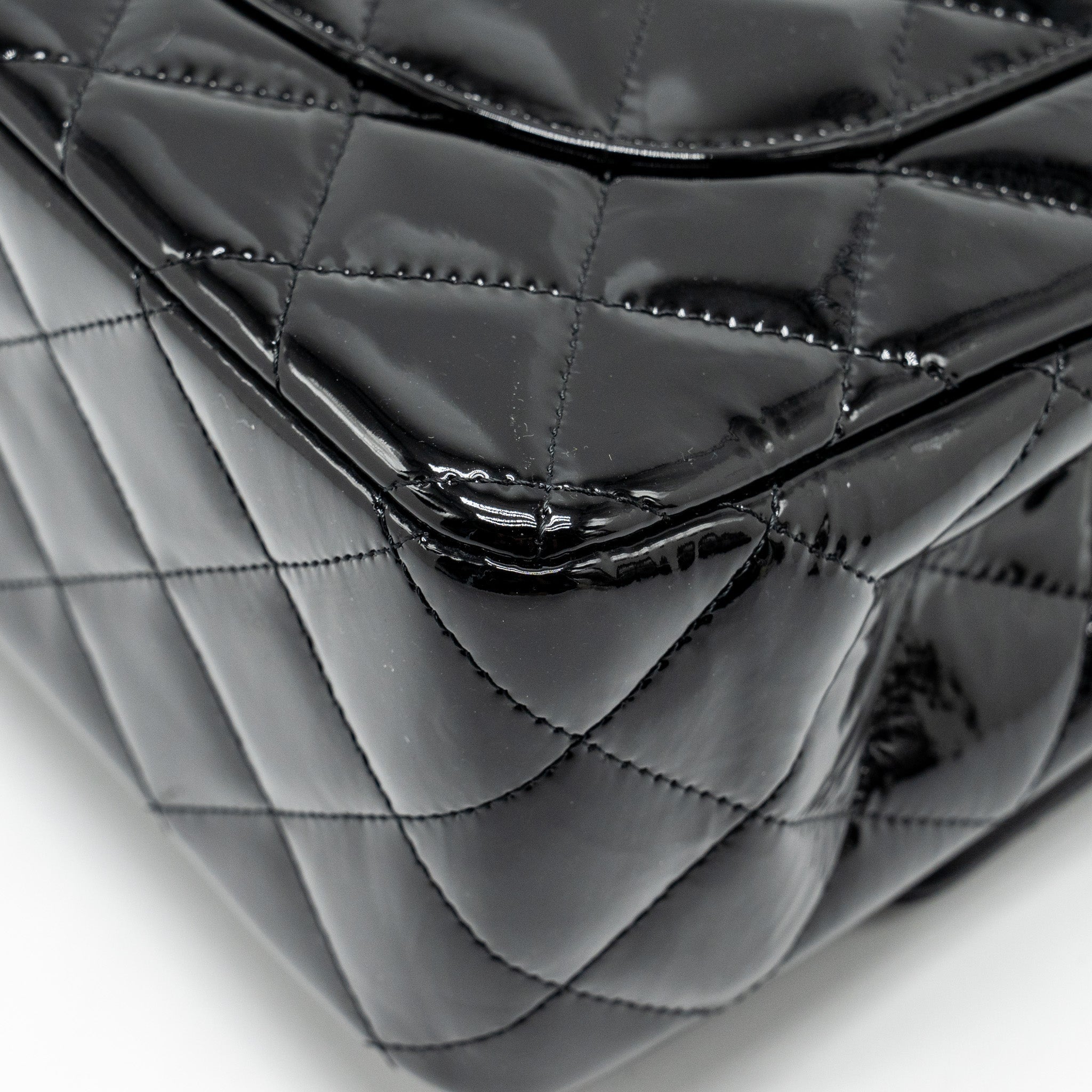 CHANEL JUMBO CLASSIC DOUBLE FLAP BAG PATENT BLACK SHW