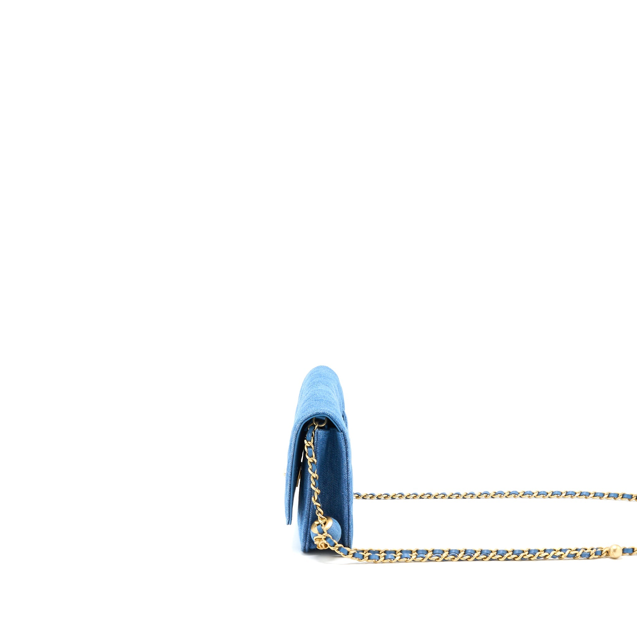 CHANEL PEARL CRUSH WALLET ON CHAIN DENIM LIGHT BLUE GHW (MICROCHIP)