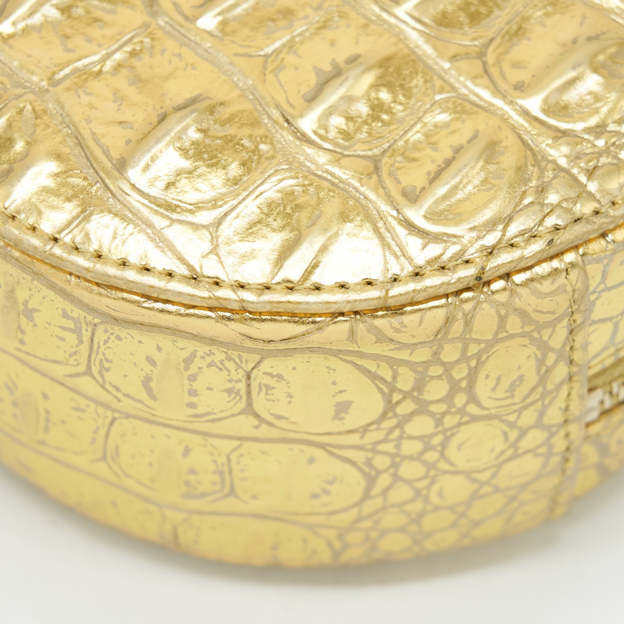 CHANEL MINI ROUND VANITY WITH CHAIN CROC EMBOSSED LEATHER GOLD GHW