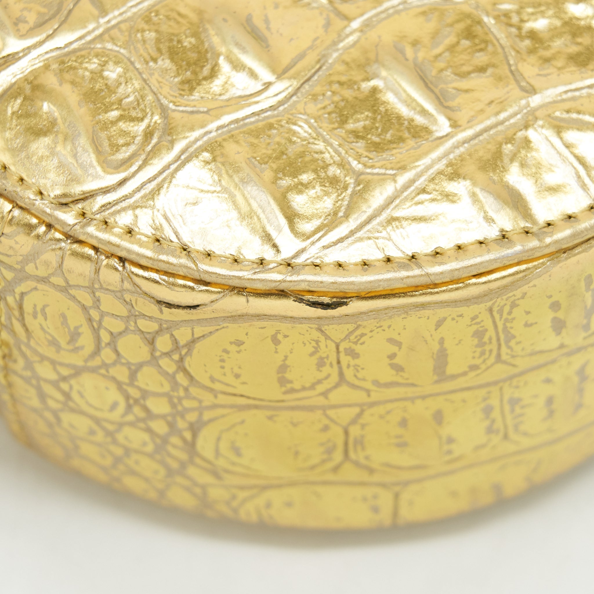 CHANEL MINI ROUND VANITY WITH CHAIN CROC EMBOSSED LEATHER GOLD GHW