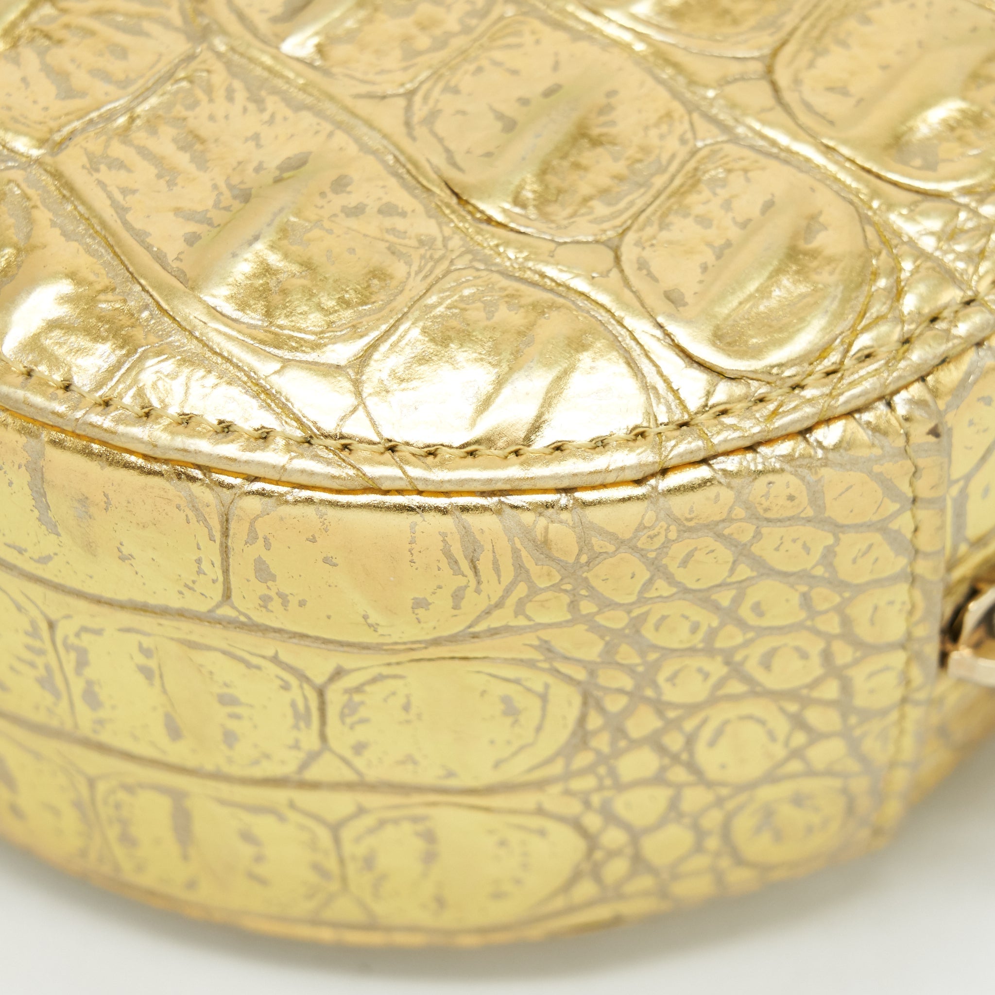 CHANEL MINI ROUND VANITY WITH CHAIN CROC EMBOSSED LEATHER GOLD GHW