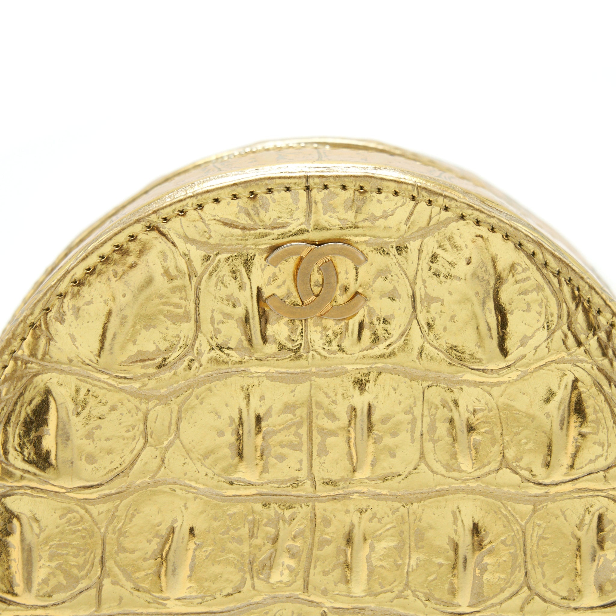 CHANEL MINI ROUND VANITY WITH CHAIN CROC EMBOSSED LEATHER GOLD GHW