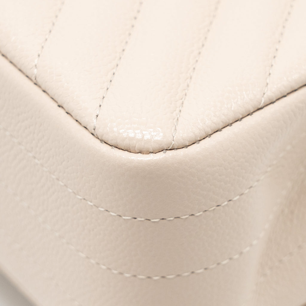 CHANEL MEDIUM CLASSIC DOUBLE FLAP BAG CHEVRON CAVIAR LIGHT BEIGE LGHW