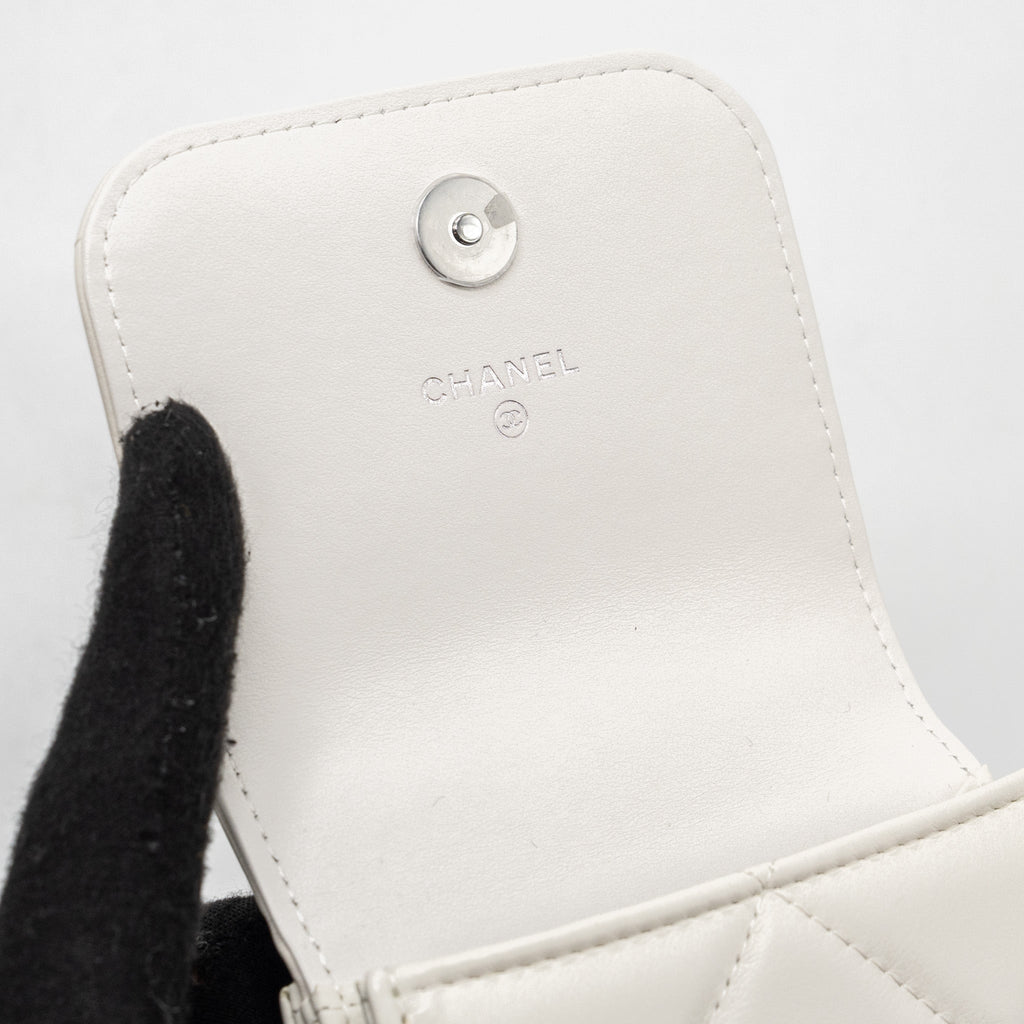 CHANEL VERTICAL 19 PHONE CASE LAMBSKIN WHITE WITH BLACK HARDWARE