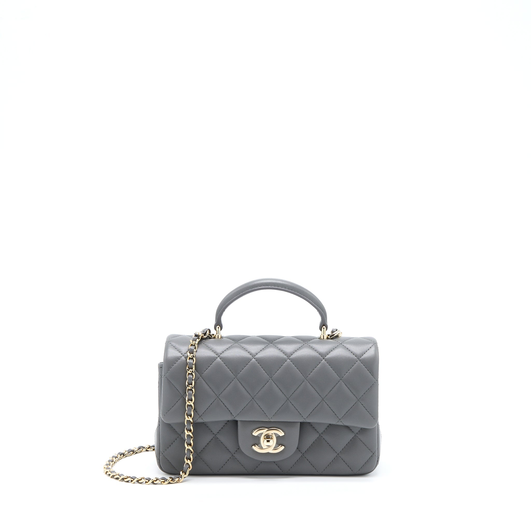 CHANEL 22A TOP HANDLE MINI RECTANGULAR FLAP BAG LAMBSKIN GREY LGHW(MICROCHIP)