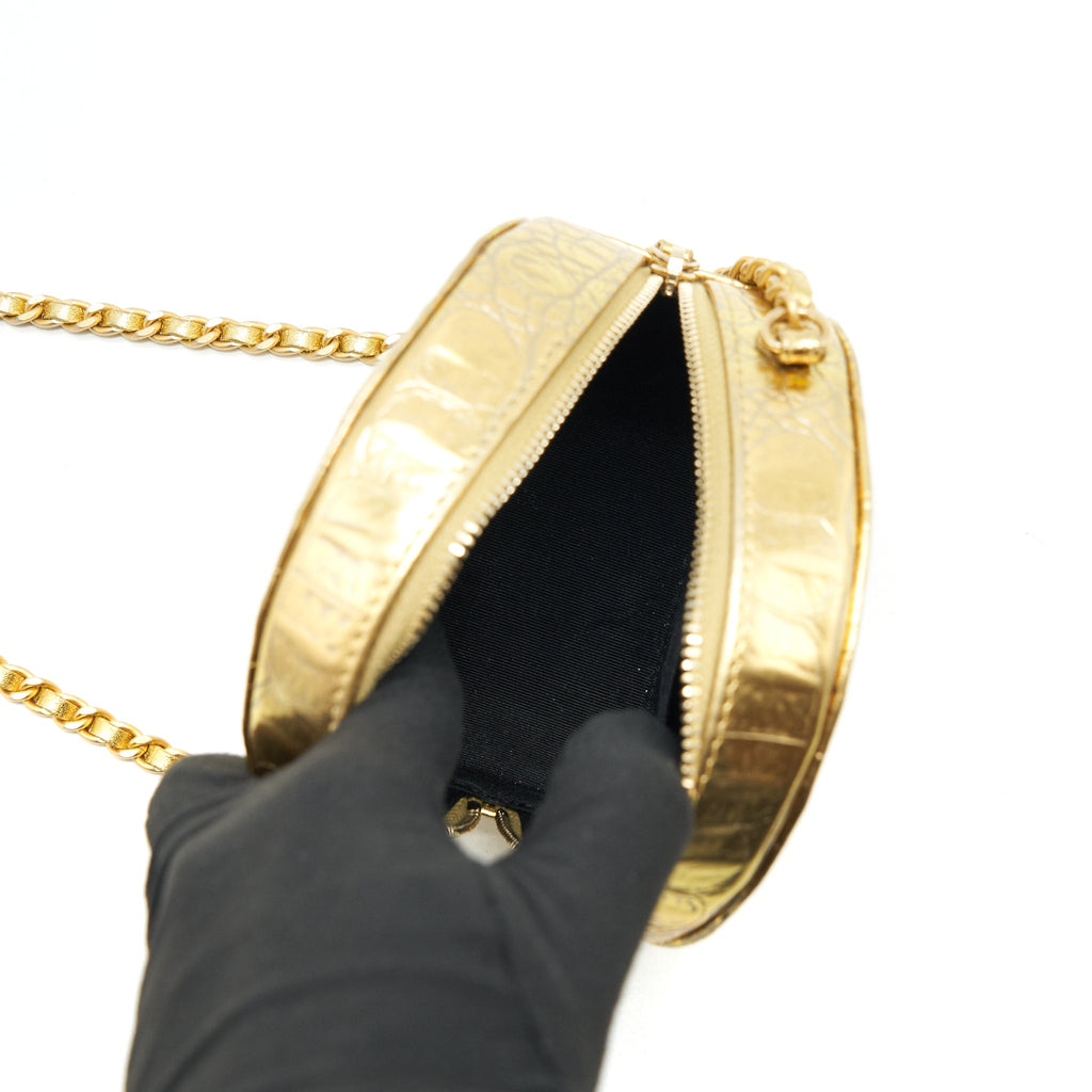 CHANEL MINI ROUND VANITY WITH CHAIN CROC EMBOSSED LEATHER GOLD GHW