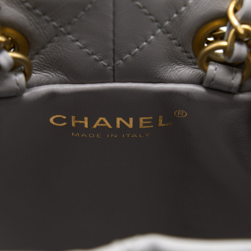 CHANEL 22B PEARL CRUSH BUCKET BAG LAMBSKIN GREY GHW (MICROCHIP)