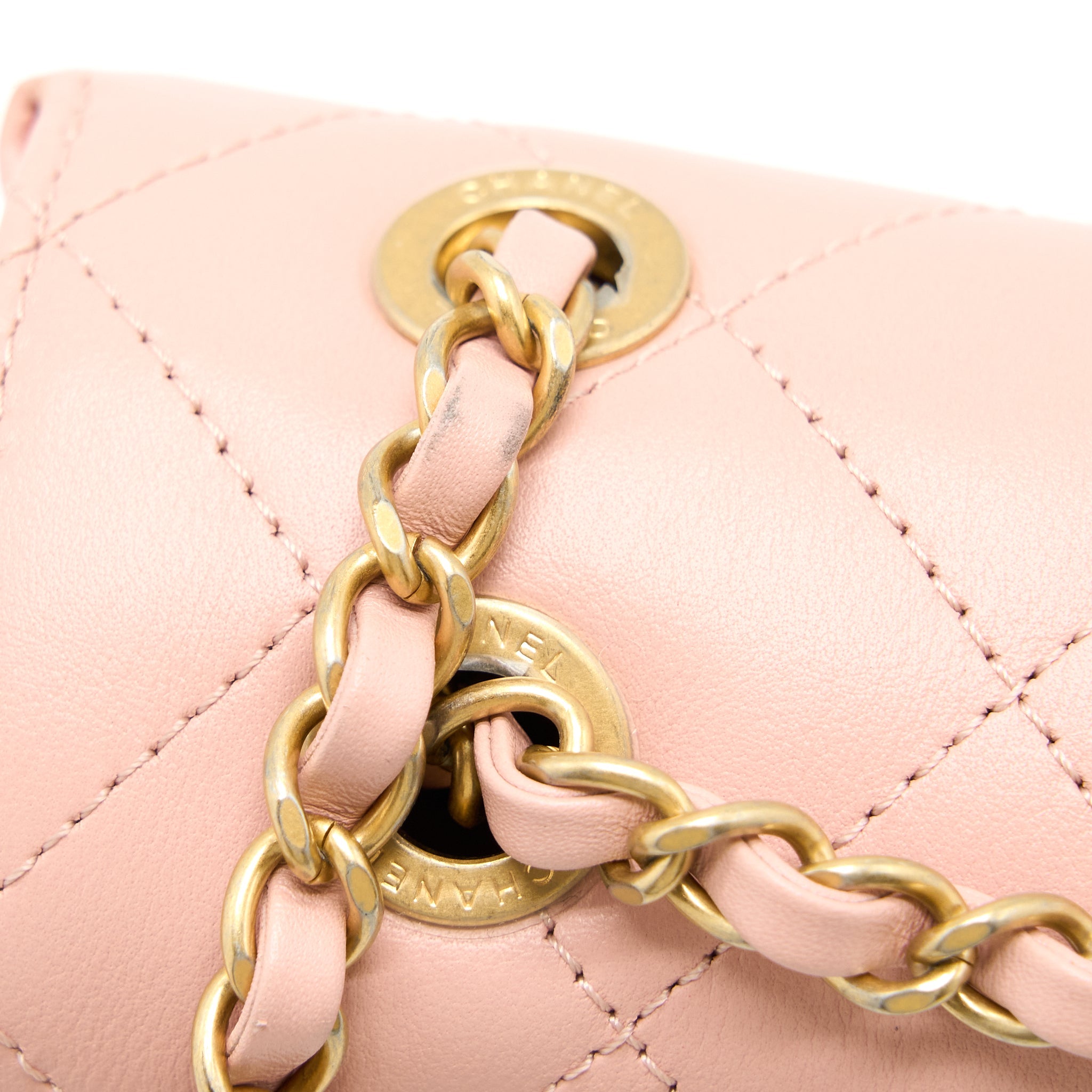 CHANEL FRONT LOGO FLAP BAG CALFSKIN PINK BRUSHED GHW