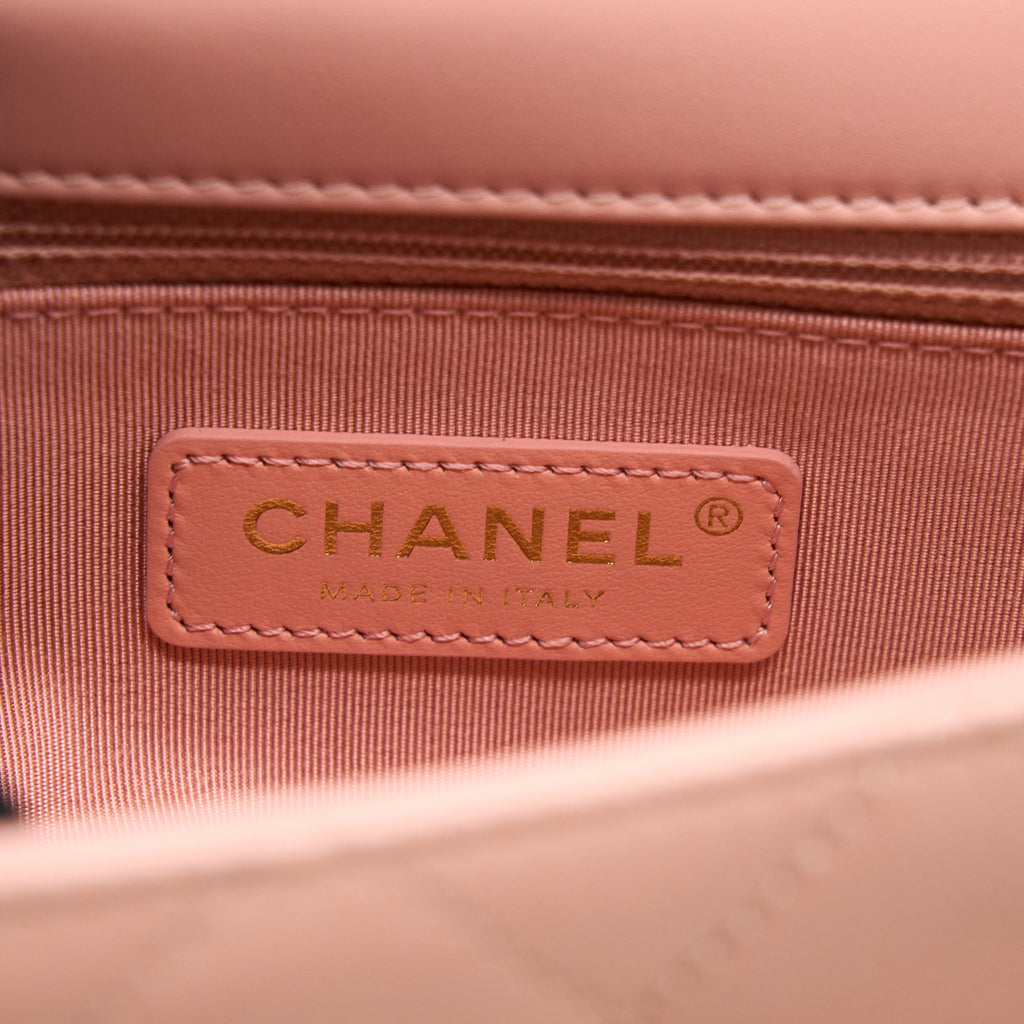 CHANEL FRONT LOGO FLAP BAG CALFSKIN PINK BRUSHED GHW