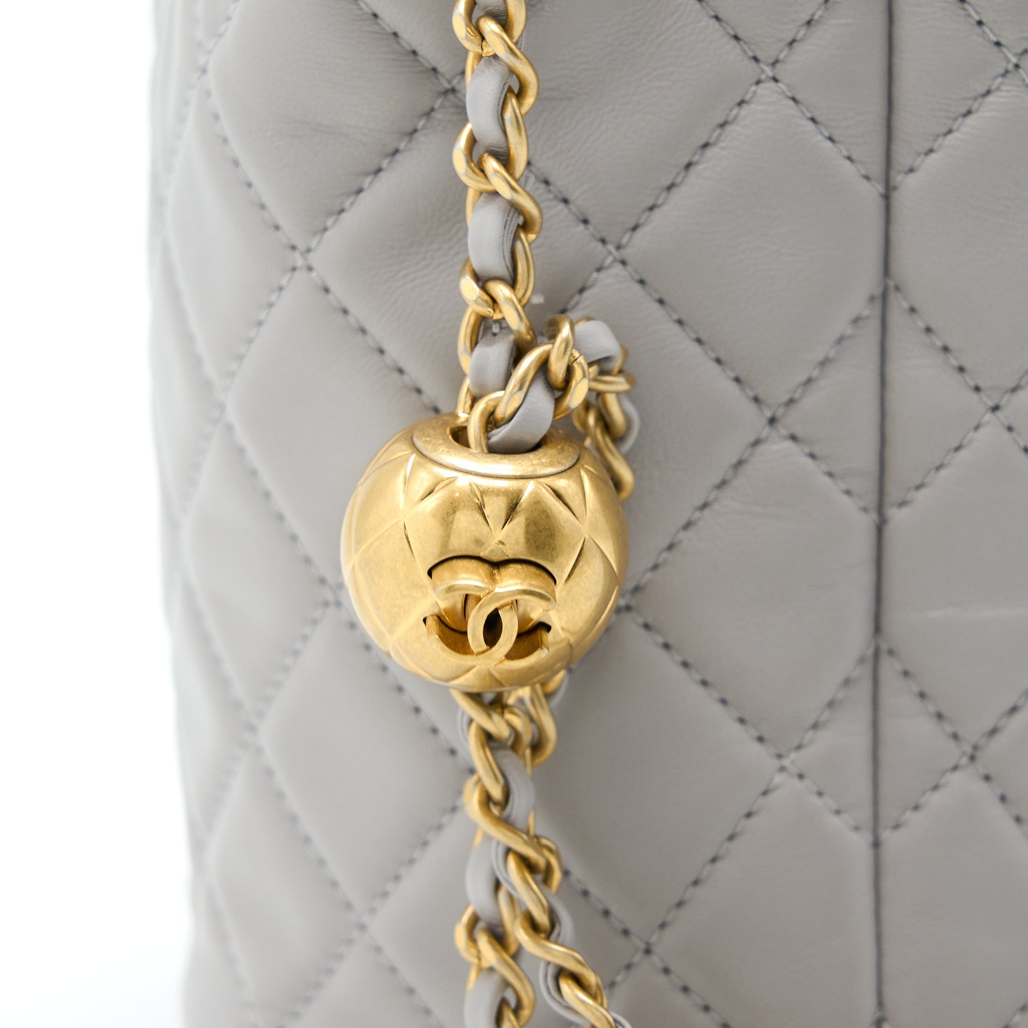 CHANEL 22B PEARL CRUSH BUCKET BAG LAMBSKIN GREY GHW (MICROCHIP)