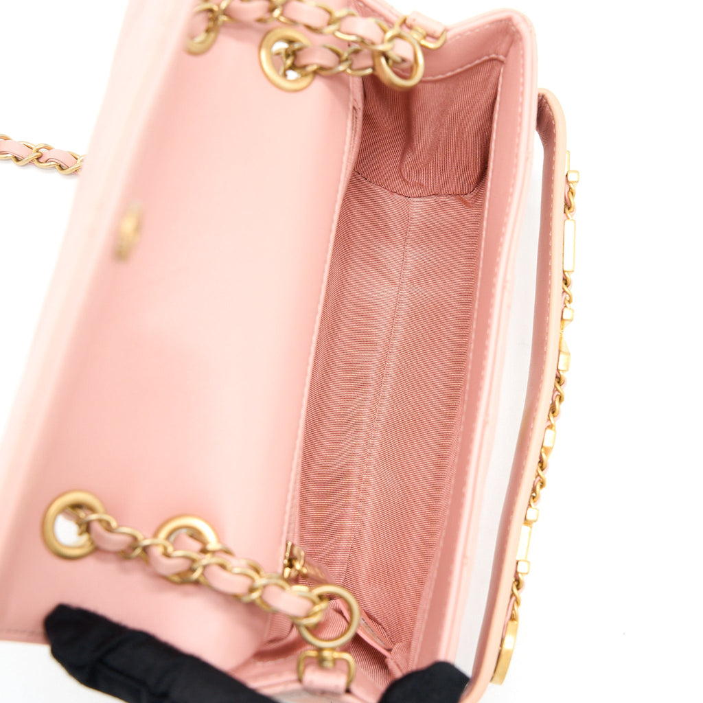 CHANEL FRONT LOGO FLAP BAG CALFSKIN PINK BRUSHED GHW