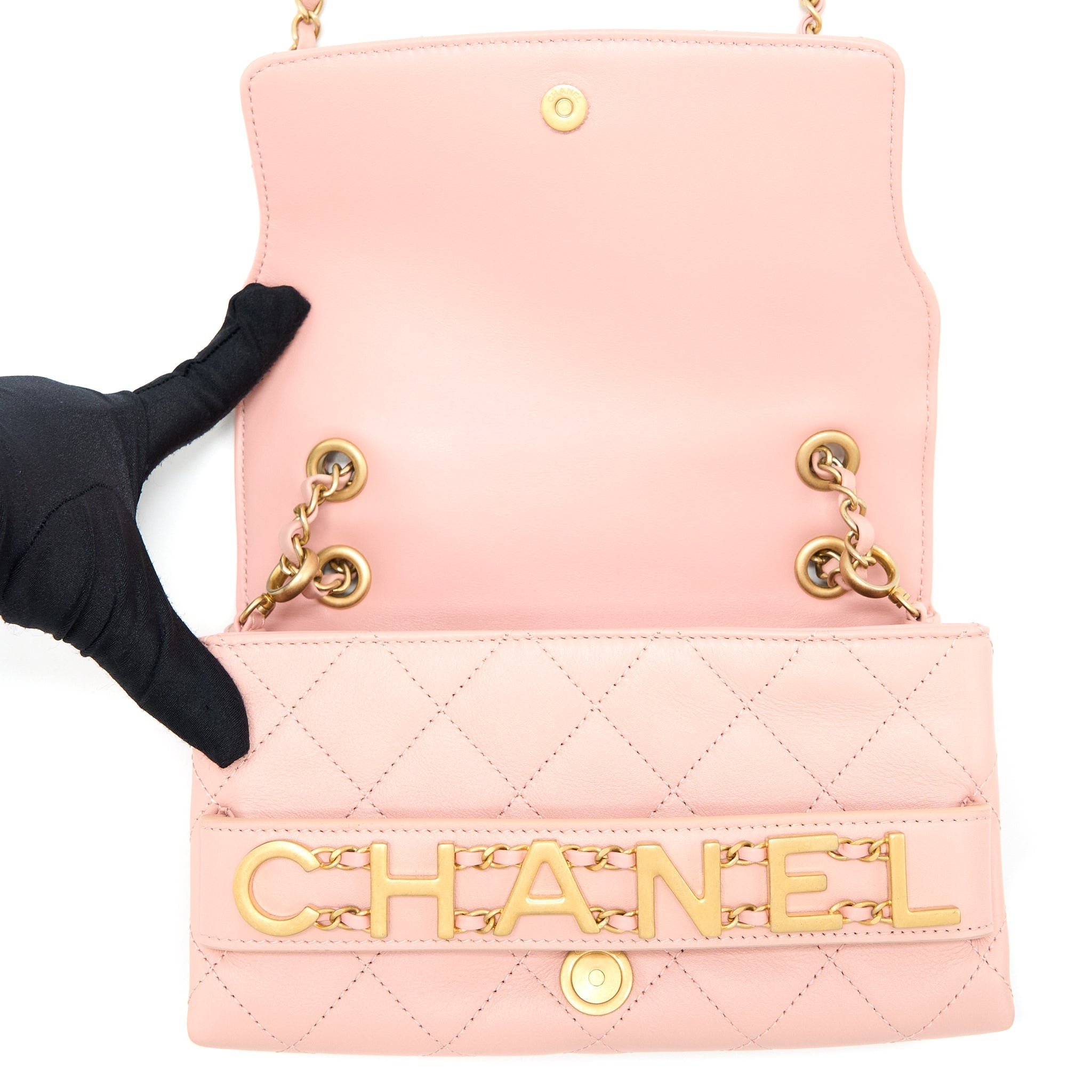 CHANEL FRONT LOGO FLAP BAG CALFSKIN PINK BRUSHED GHW