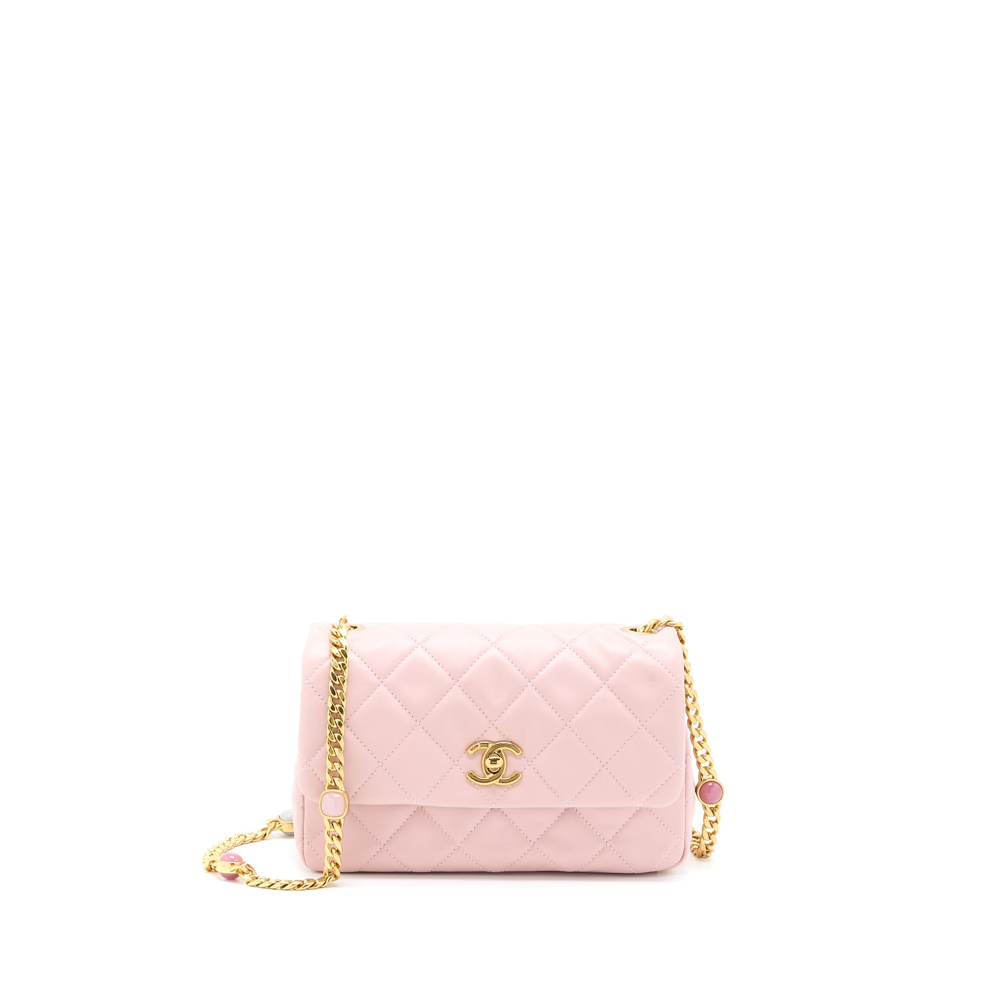 CHANEL 22B SMALL FLAP BAG WITH GEM CHAIN LAMBSKIN PINK GHW (MICROCHIP)