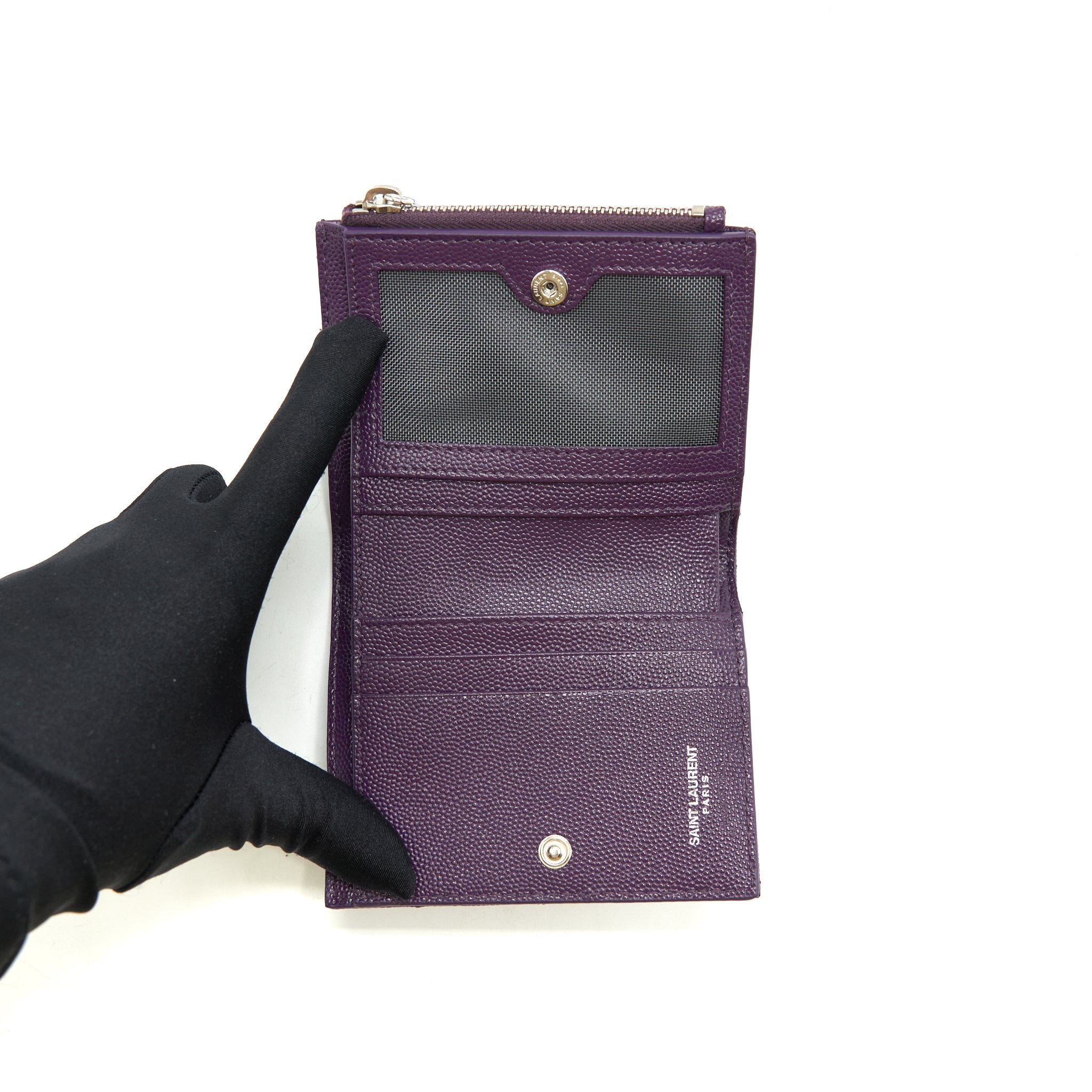 SAINT LAURENT QUILTED MONOGRAM BI-FOLD WALLET DARK PURPLE SHW