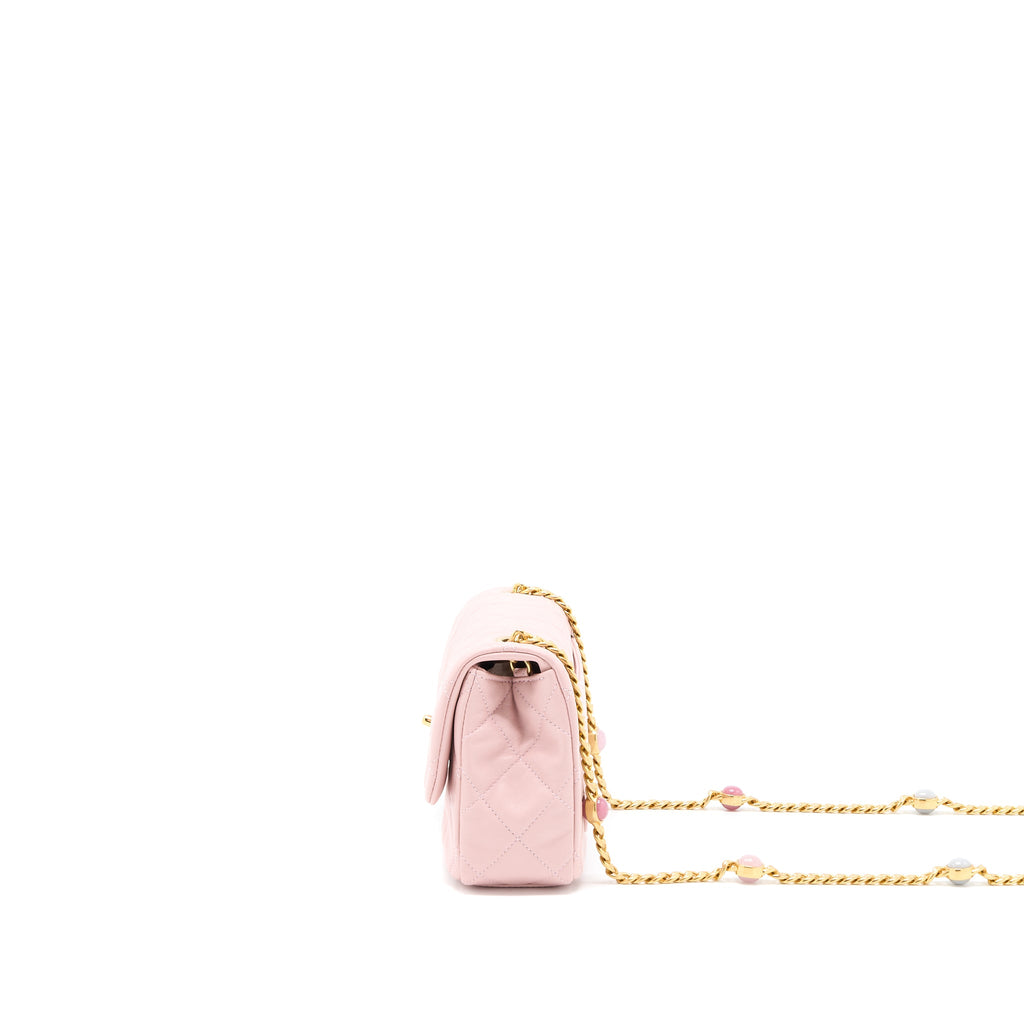 CHANEL 22B SMALL FLAP BAG WITH GEM CHAIN LAMBSKIN PINK GHW (MICROCHIP)