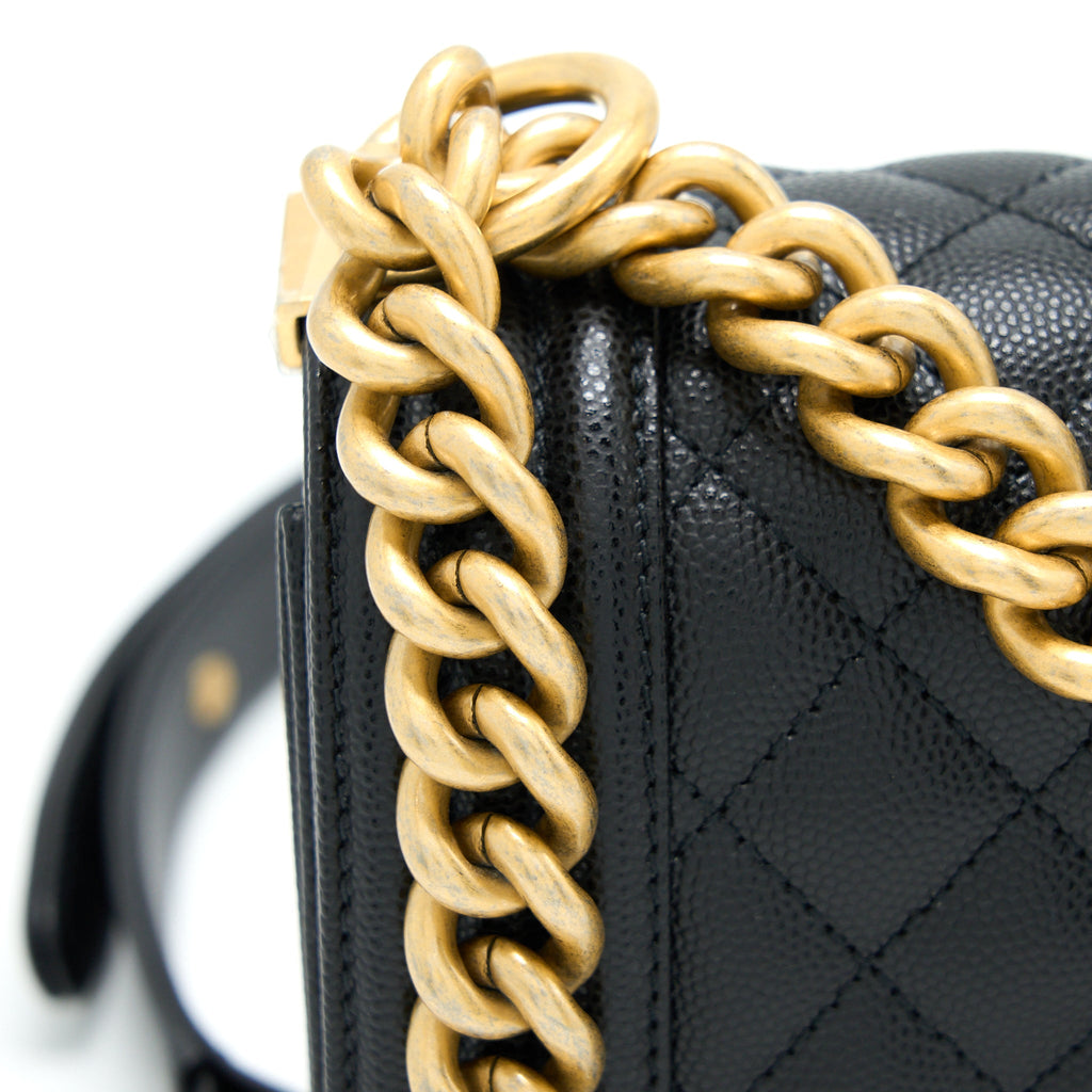 CHANEL SMALL BOY BAG CAVIAR BLACK BRUSHED GHW (MICROCHIP)