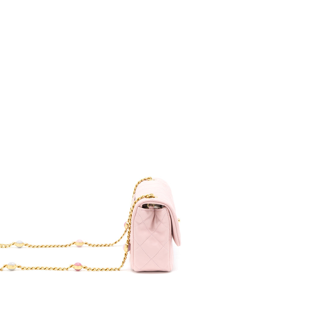 CHANEL 22B SMALL FLAP BAG WITH GEM CHAIN LAMBSKIN PINK GHW (MICROCHIP)