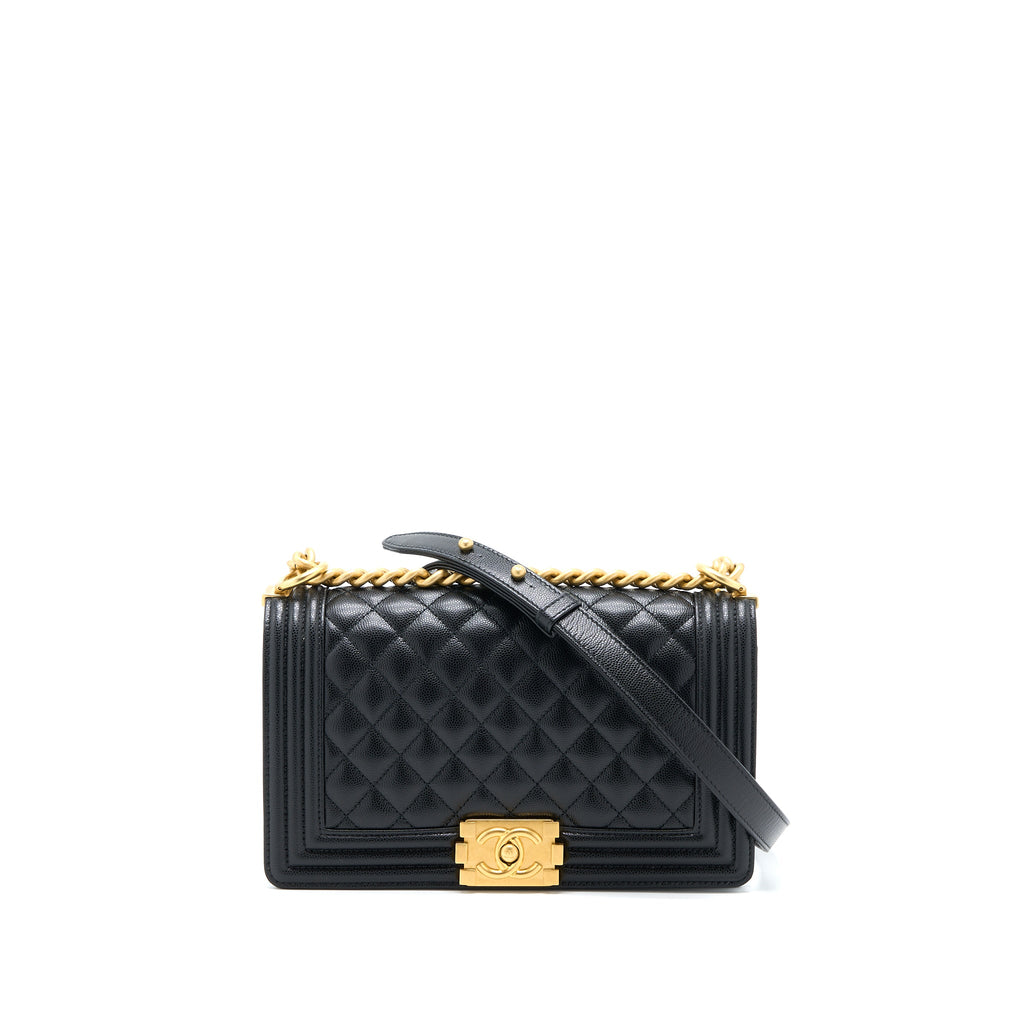 CHANEL MEDIUM BOY BAG CAVIAR BLACK BRUSHED GHW (MICROCHIP)