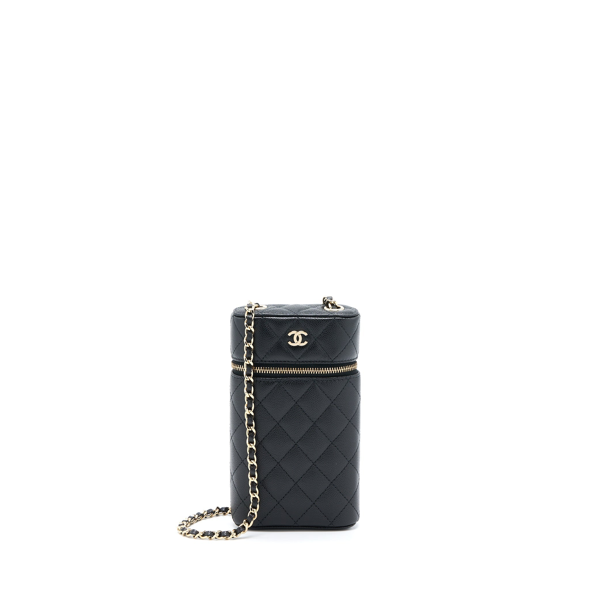 CHANEL 21K VANITY PHONE HOLDER WITH CHAIN CAVIAR BLACK LGHW