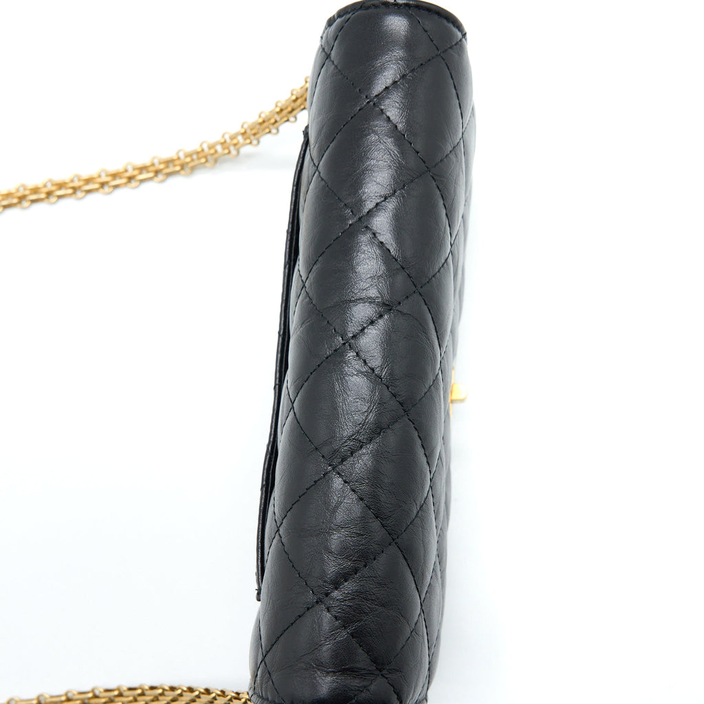 CHANEL 2.55 REISSUE WALLET ON CHAIN AGED CALFSKIN BLACK BRUSHED GHW (MICROCHIP)