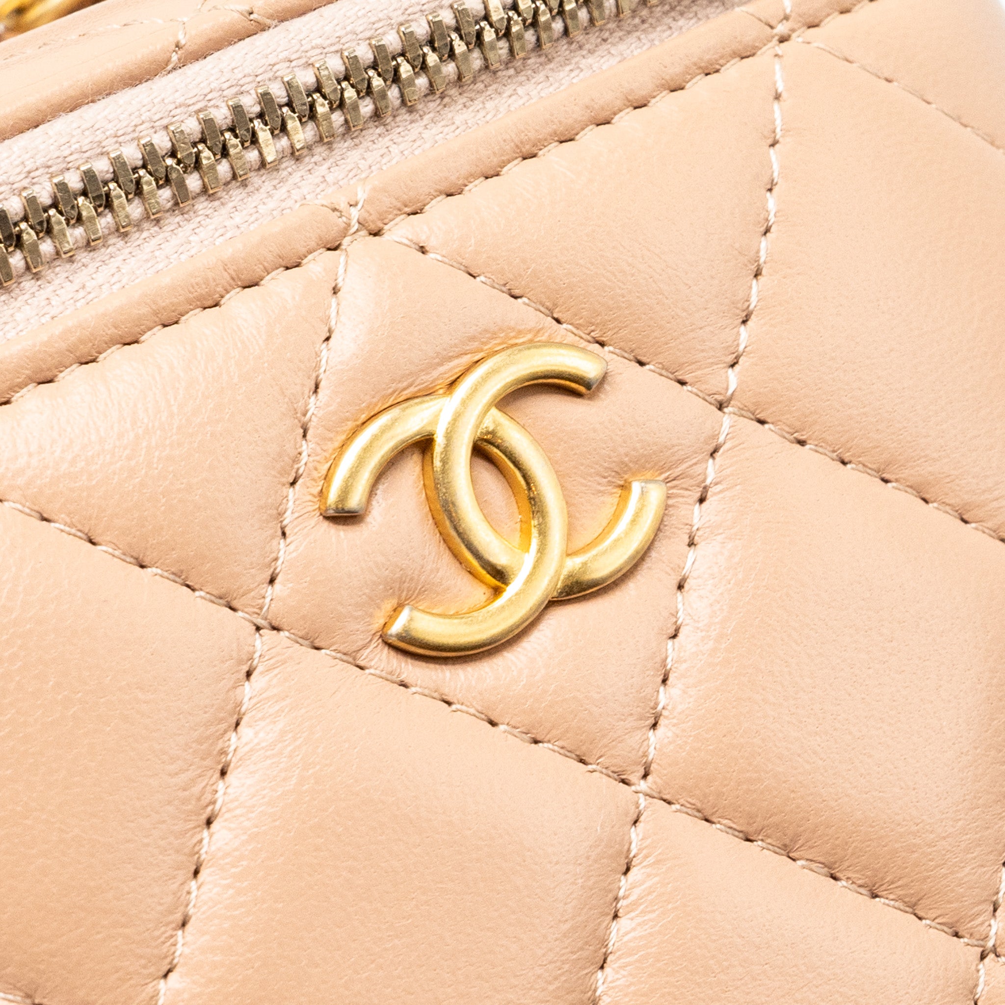 CHANEL TOP HANDLE MINI VANITY CASE WITH CHAIN LAMBSKIN BEIGE BRUSHED GHW