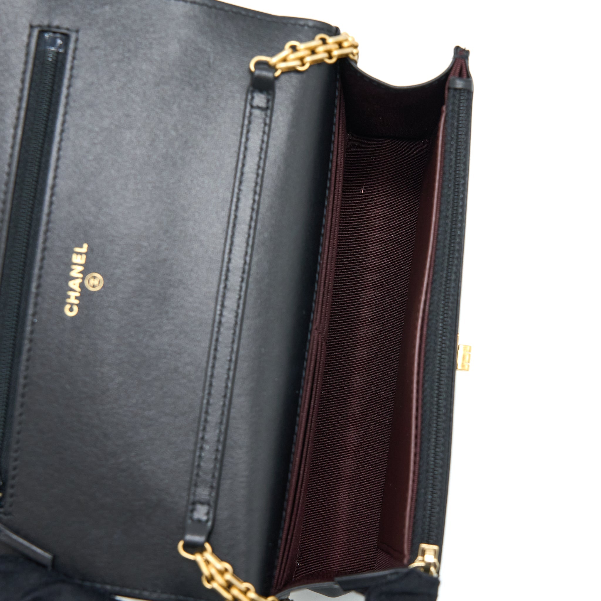 CHANEL 2.55 REISSUE WALLET ON CHAIN AGED CALFSKIN BLACK BRUSHED GHW (MICROCHIP)