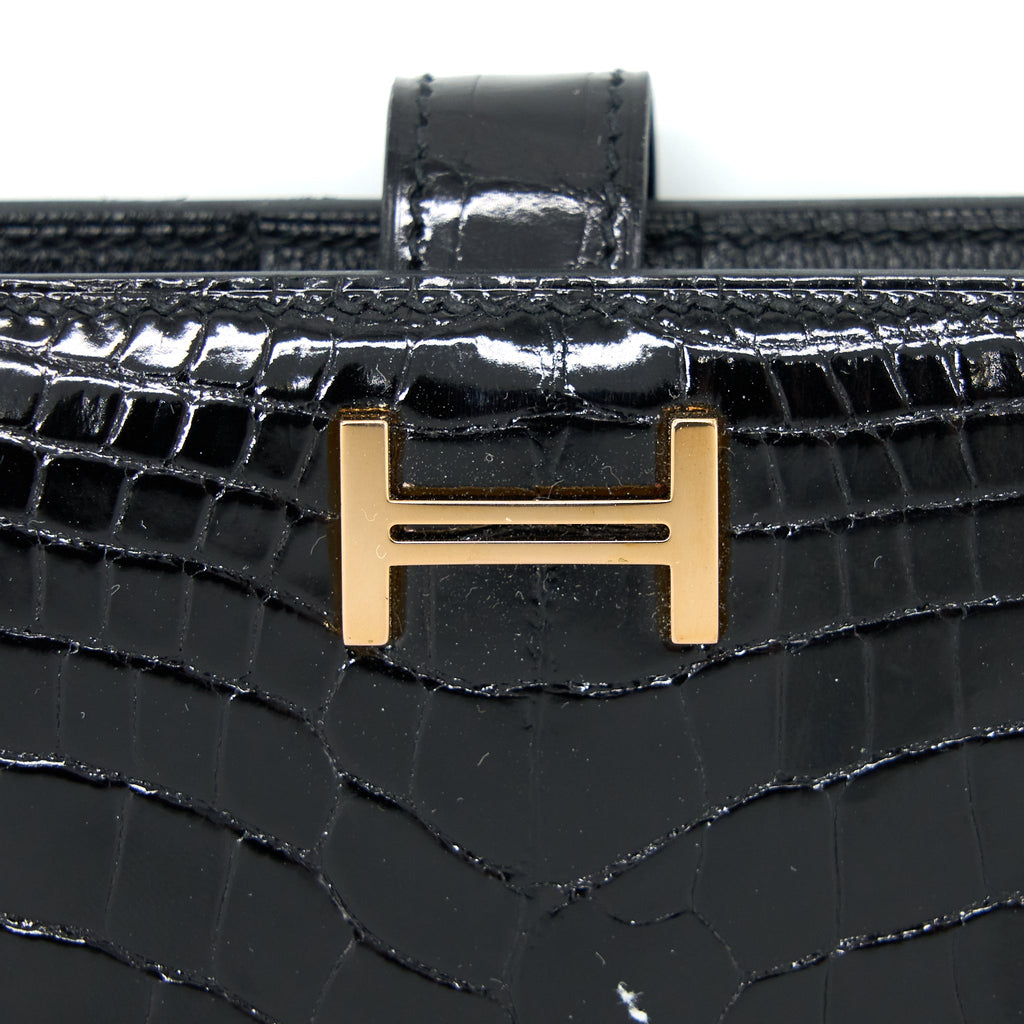 HERMES BEARN WALLET SHINY ALLIGATOR BLACK GHW
