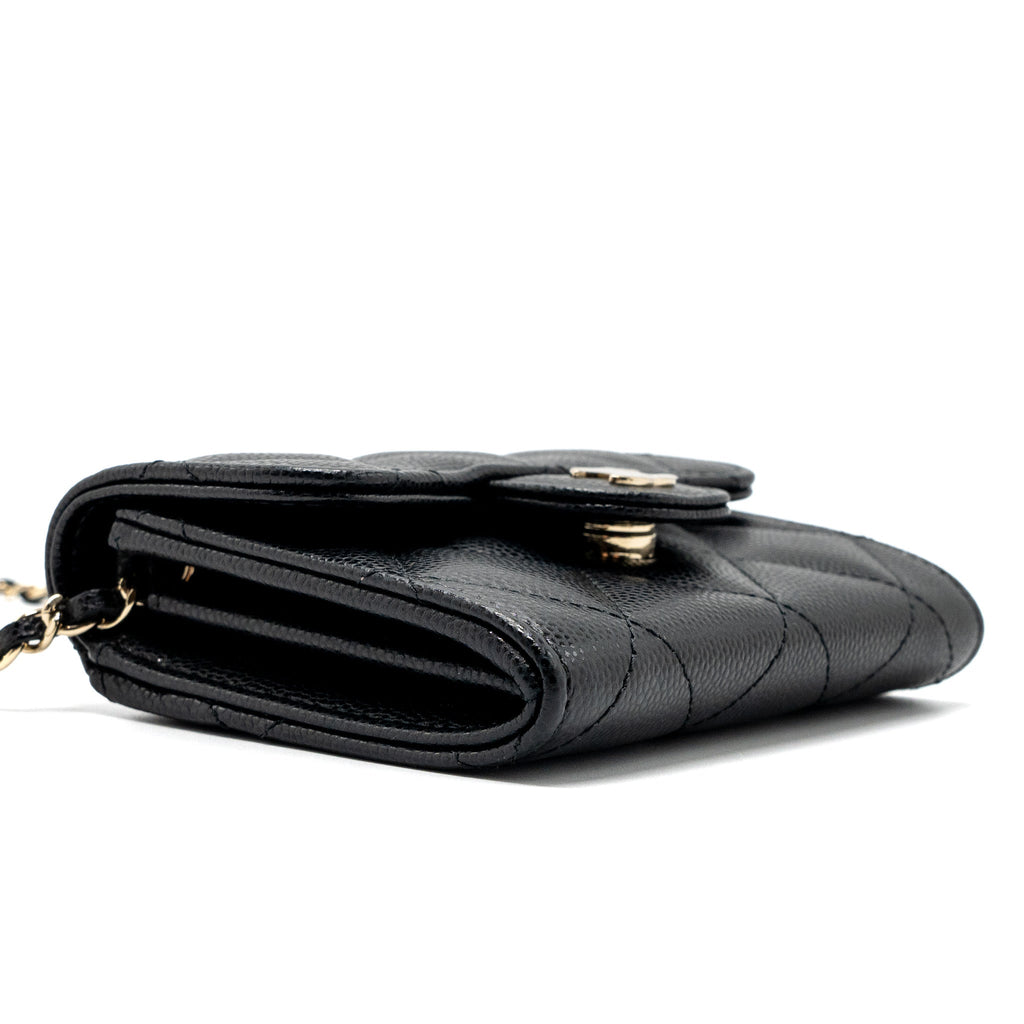 CHANEL CARD HOLDER WITH CHAIN CAVIAR BLACK LGHW