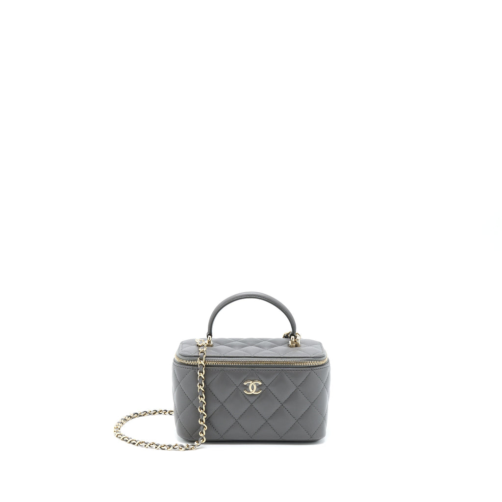 CHANEL 22A TOP HANDLE LONG VANITY WITH CHAIN LAMBSKIN GREY LGHW