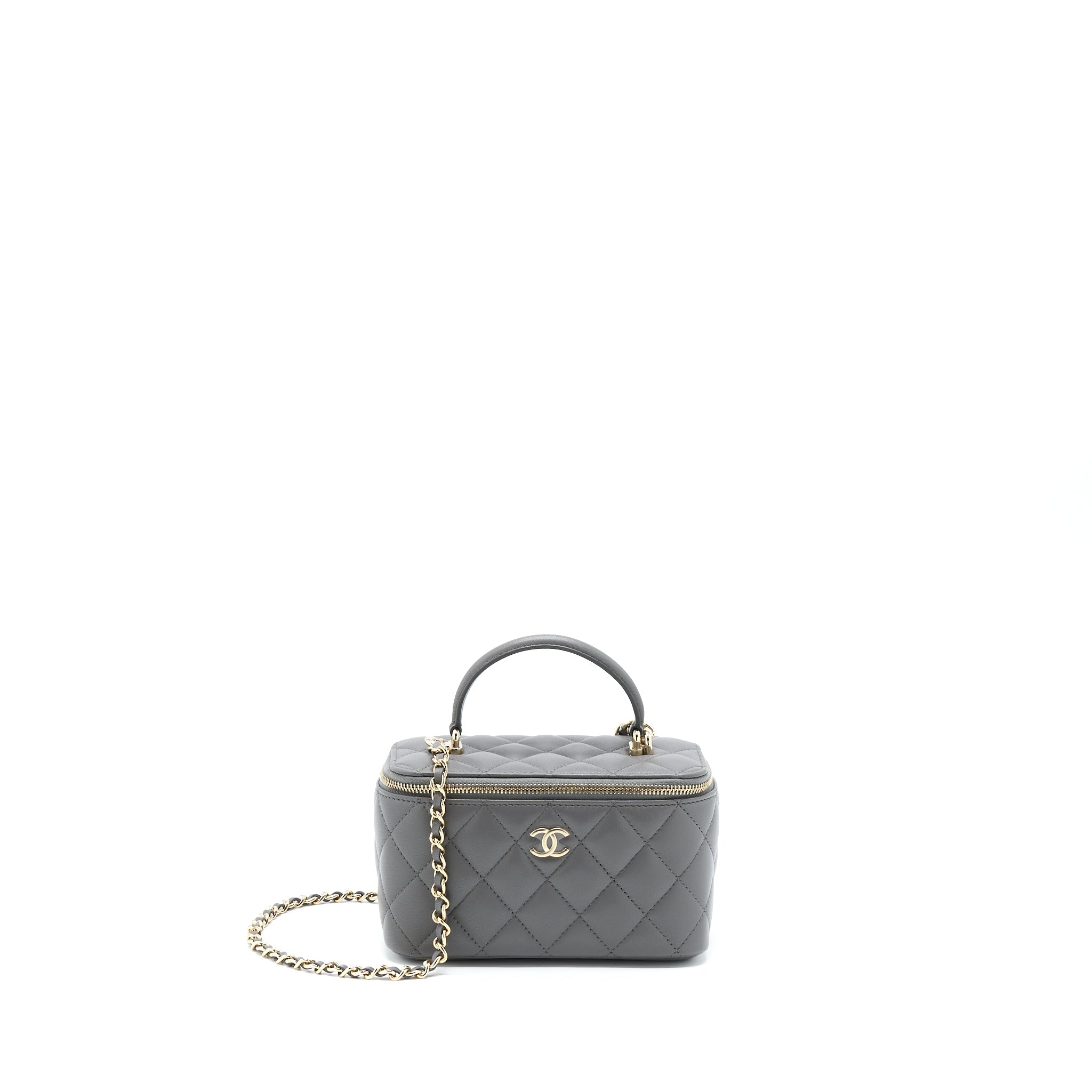 CHANEL 22A TOP HANDLE LONG VANITY WITH CHAIN LAMBSKIN GREY LGHW