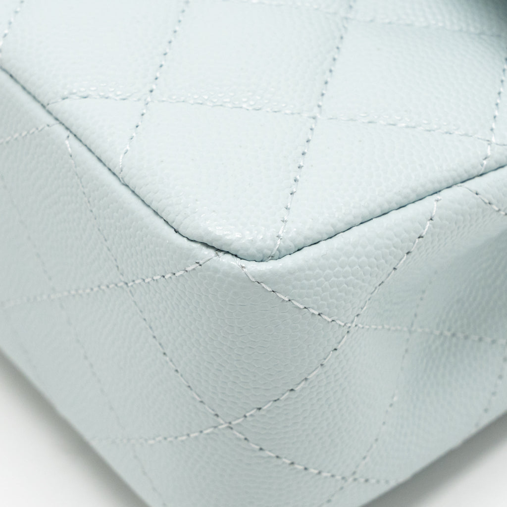 CHANEL SMALL CLASSIC DOUBLE FLAP BAG CAVIAR LIGHT BLUE SHW (MICROCHIP)