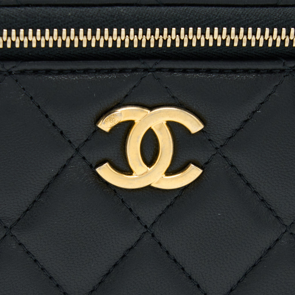 CHANEL LEATHER CHAIN TOP HANDLE LONG VANITY LAMBSKIN BLACK GHW