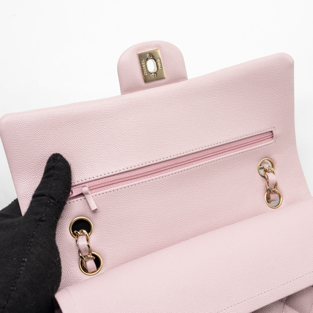 CHANEL 21S MEDIUM CLASSIC DOUBLE FLAP BAG CAVIAR LIGHT PINK LGWH
