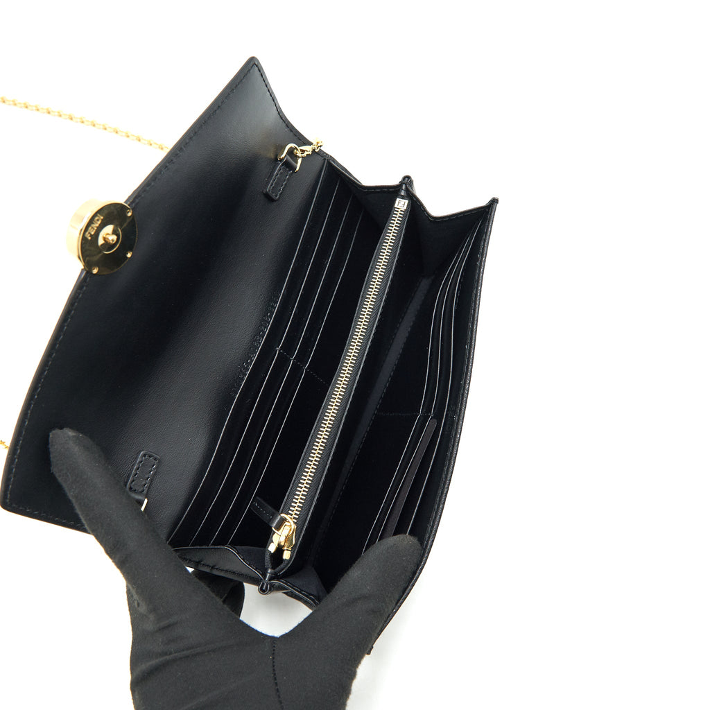 FENDI GRAINED CALFSKIN WALLET WITH CHAIN BLACK GHW