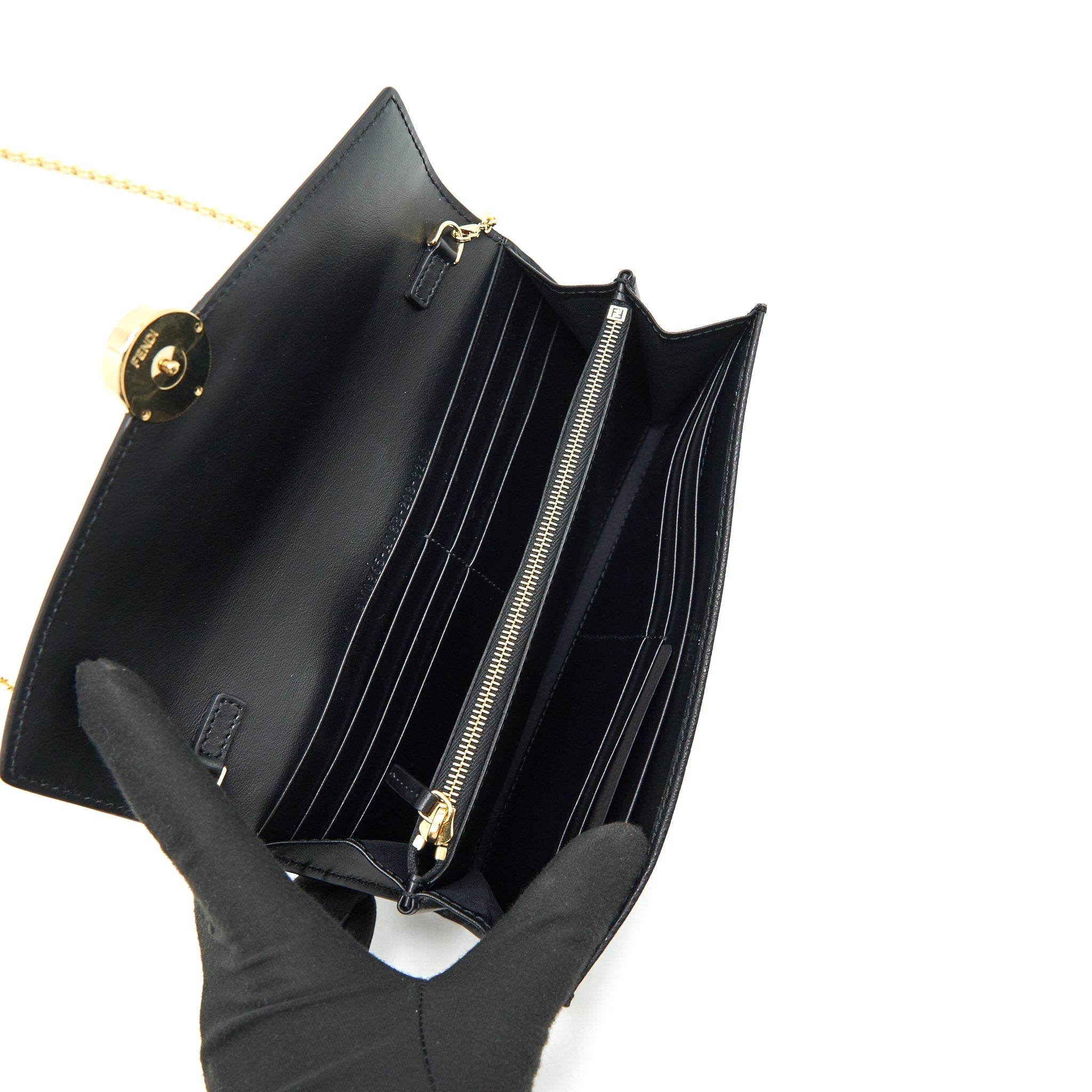 FENDI GRAINED CALFSKIN WALLET WITH CHAIN BLACK GHW