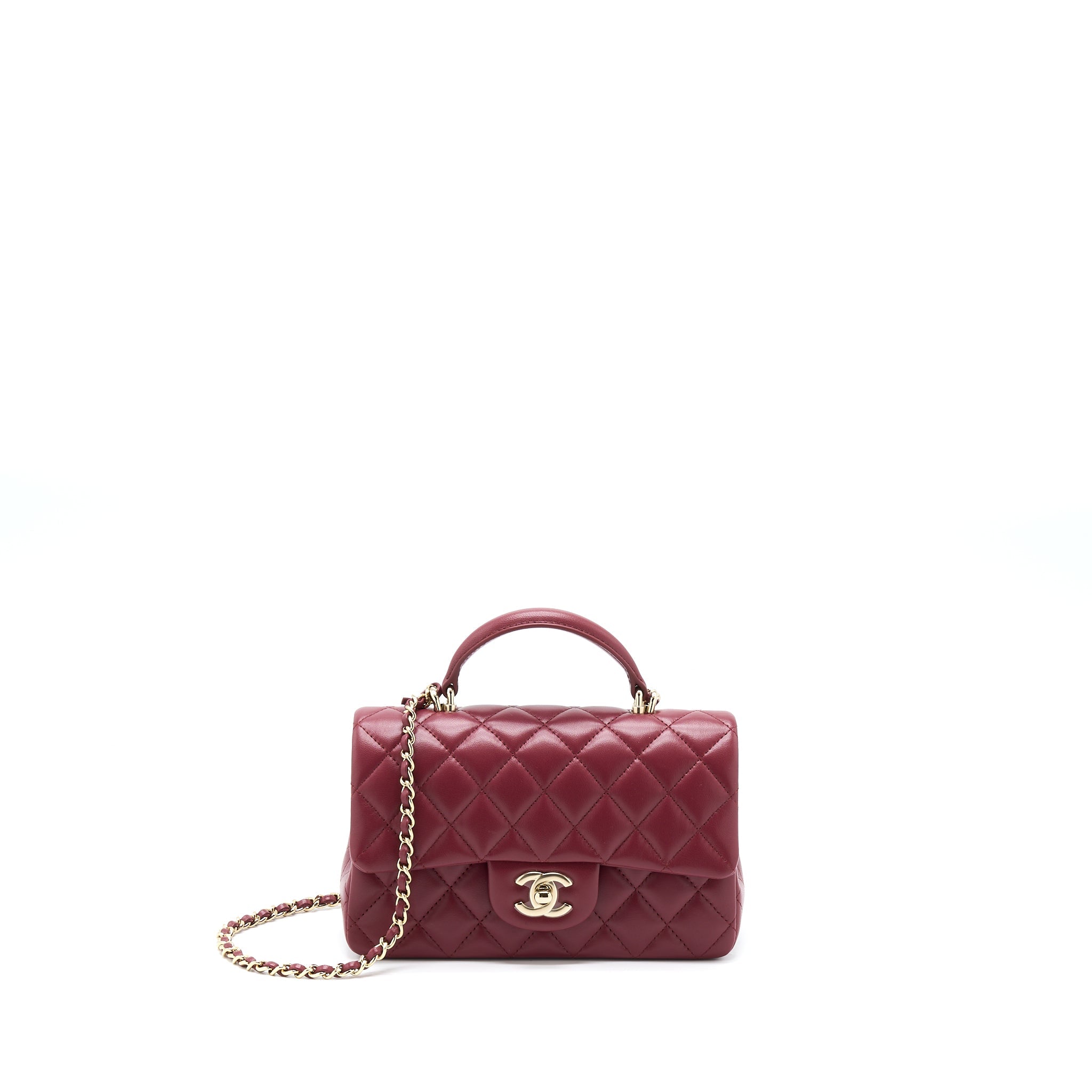 CHANEL 22A TOP HANDLE MINI RECTANGULAR FLAP BAG LAMBSKIN BURGUNDY LGHW