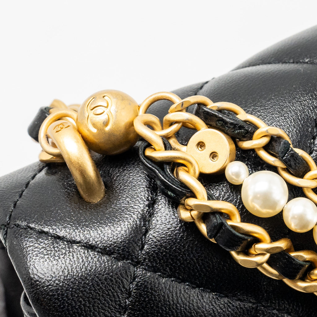 CHANEL 24P PEARL CHAIN MINI FLAP BAG LAMBSKIN BLACK GHW (MICROCHIP)