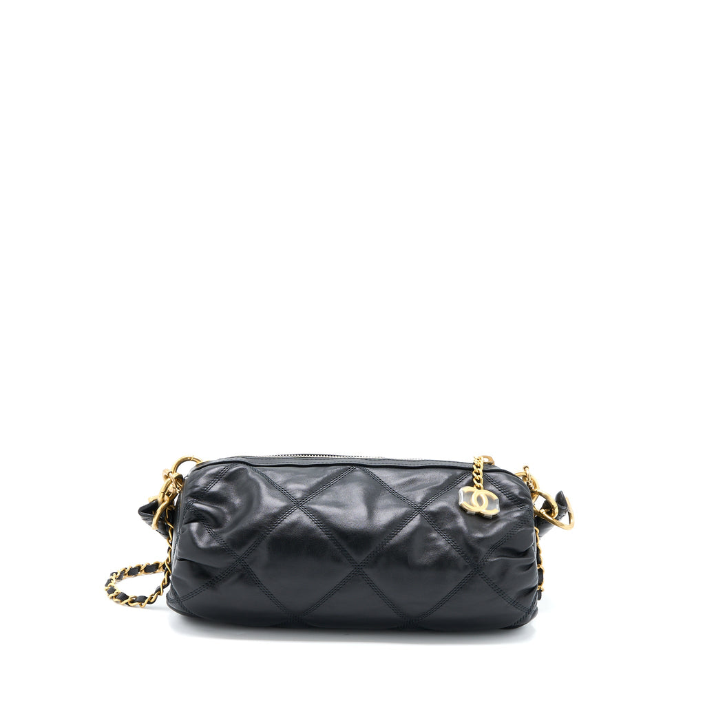 CHANEL MINI BOWLING BAG WITH CHAIN LAMBSKIN BLACK BRUSHED GHW (MICROCHIP)