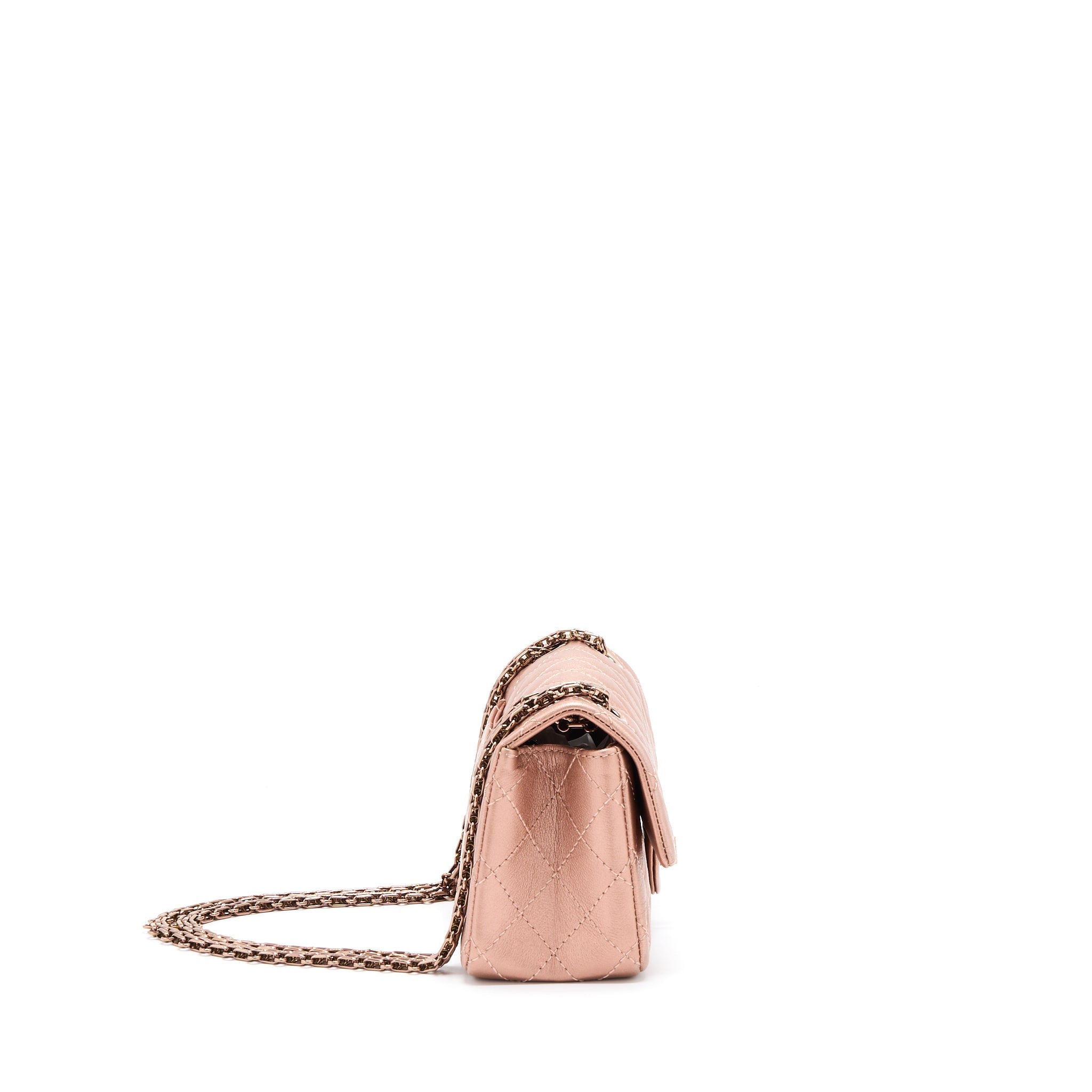 CHANEL MINI 2.55 REISSUE FLAP BAG CALFSKIN METALLIC PINK BRUSHED GOLD (MICROCHIP)