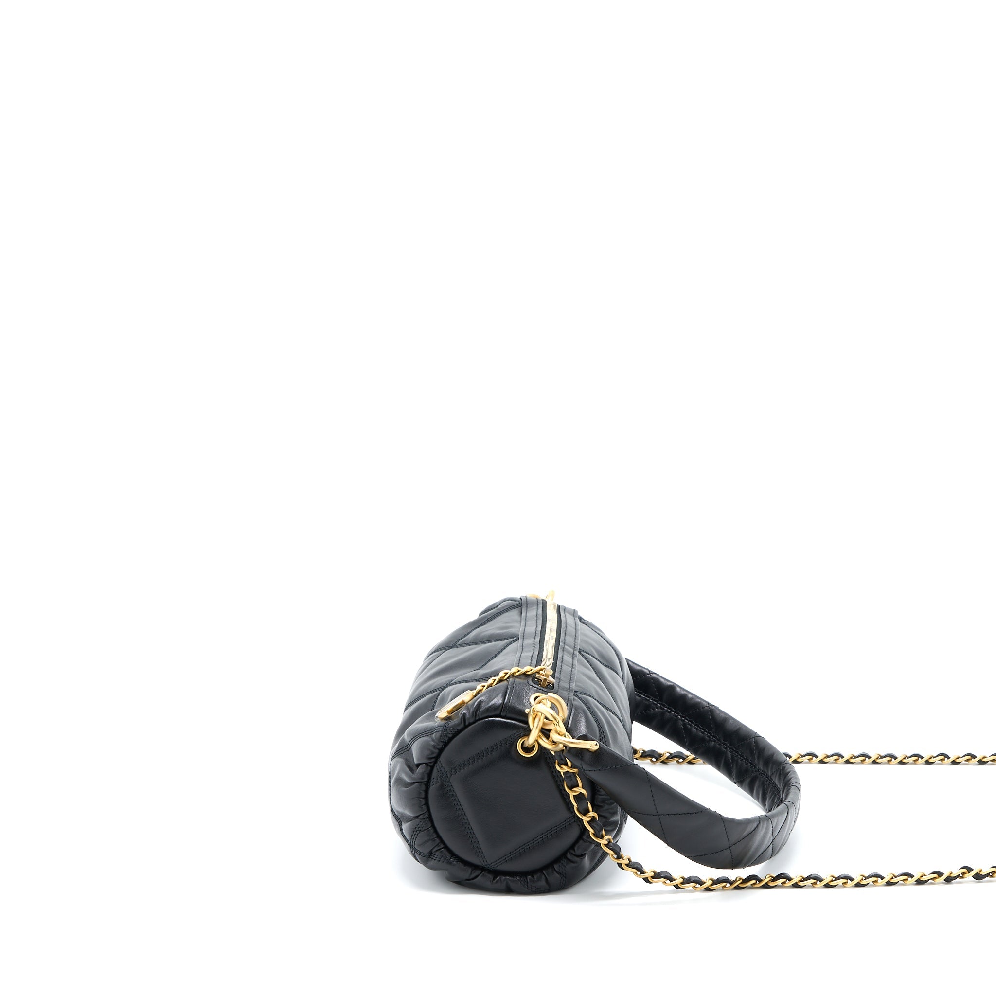 CHANEL MINI BOWLING BAG WITH CHAIN LAMBSKIN BLACK BRUSHED GHW (MICROCHIP)