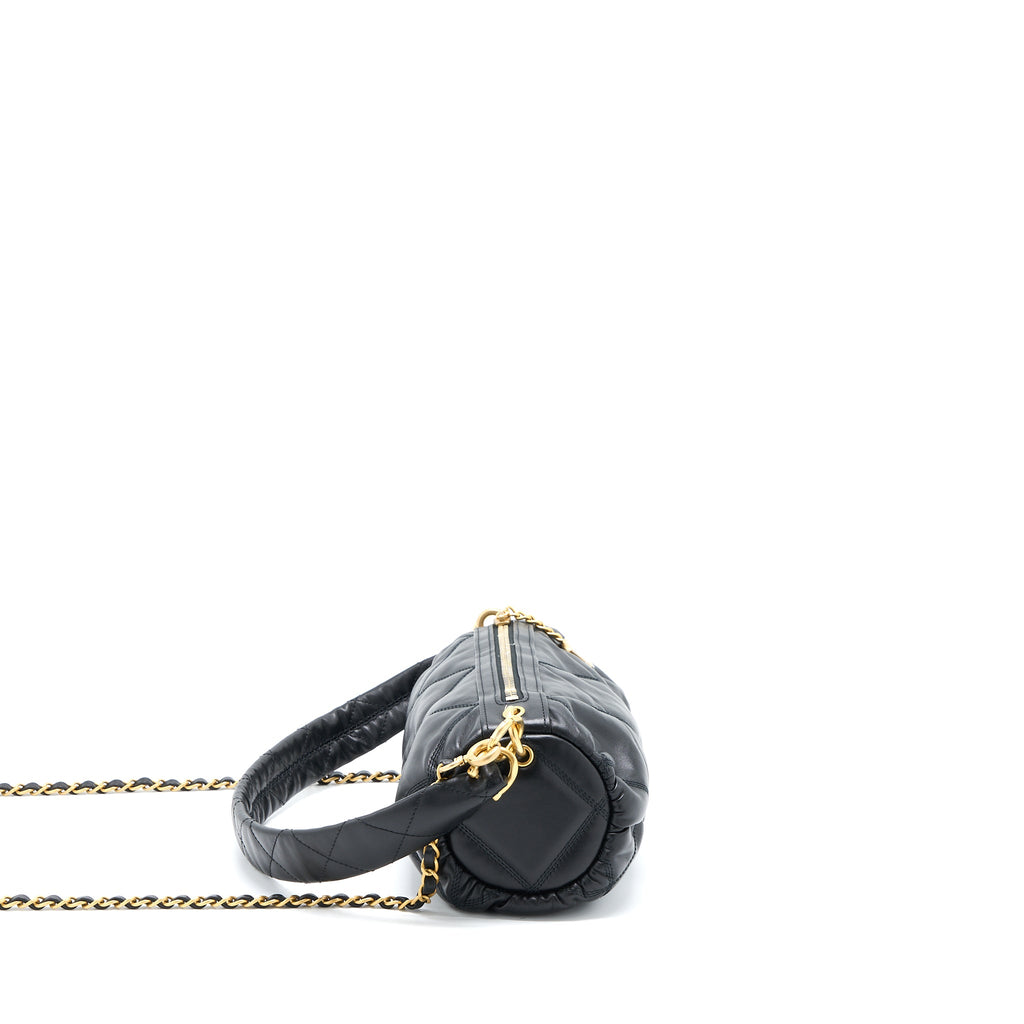 CHANEL MINI BOWLING BAG WITH CHAIN LAMBSKIN BLACK BRUSHED GHW (MICROCHIP)