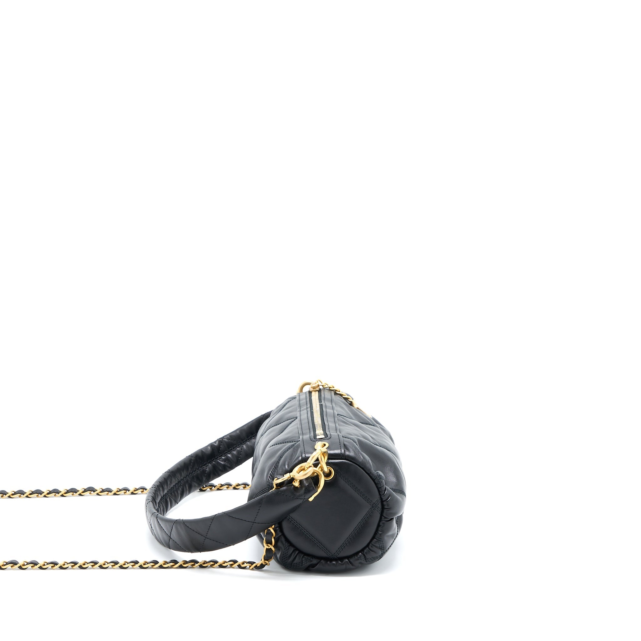 CHANEL MINI BOWLING BAG WITH CHAIN LAMBSKIN BLACK BRUSHED GHW (MICROCHIP)
