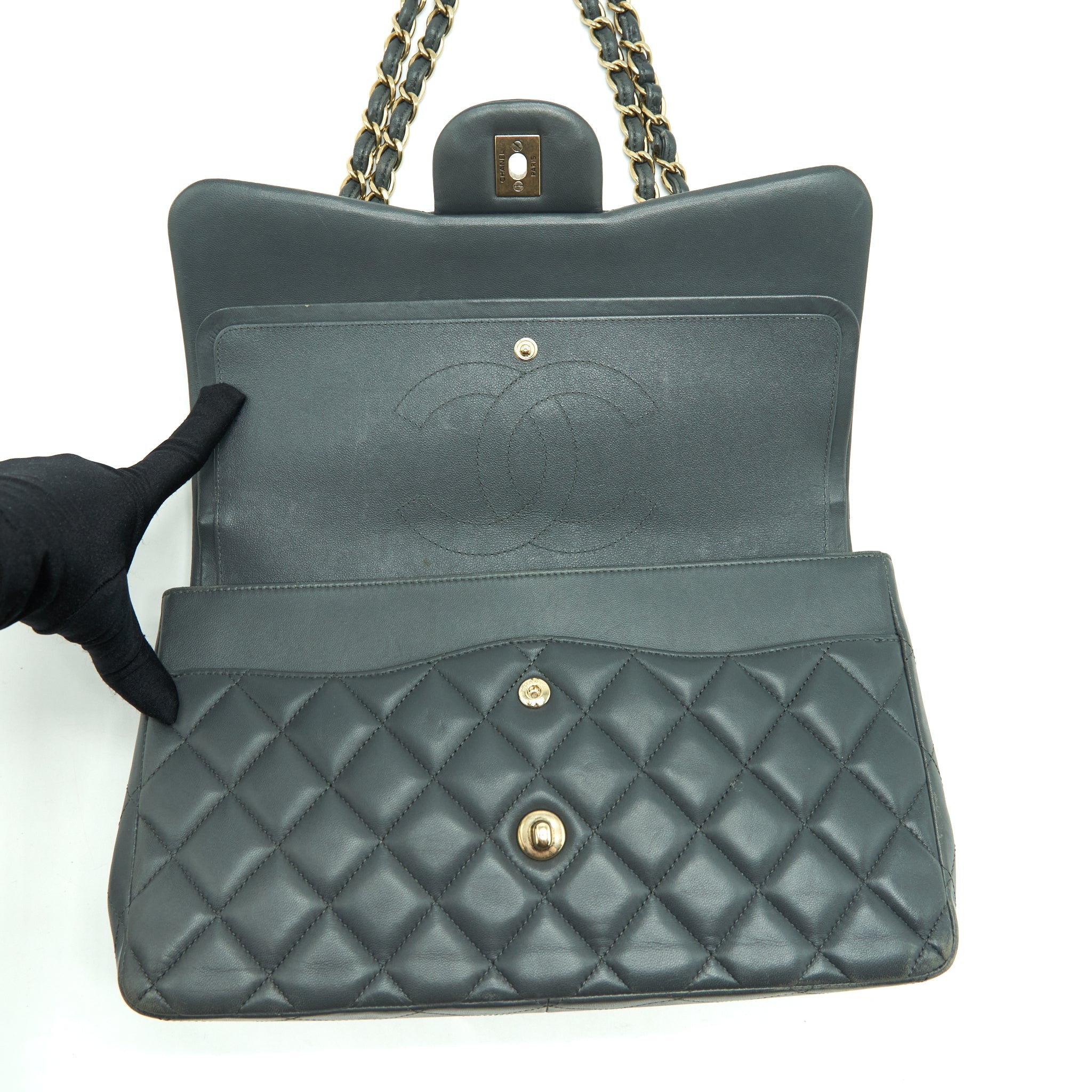 CHANEL JUMBO CLASSIC DOUBLE FLAP BAG LAMBSKIN GREY SHW