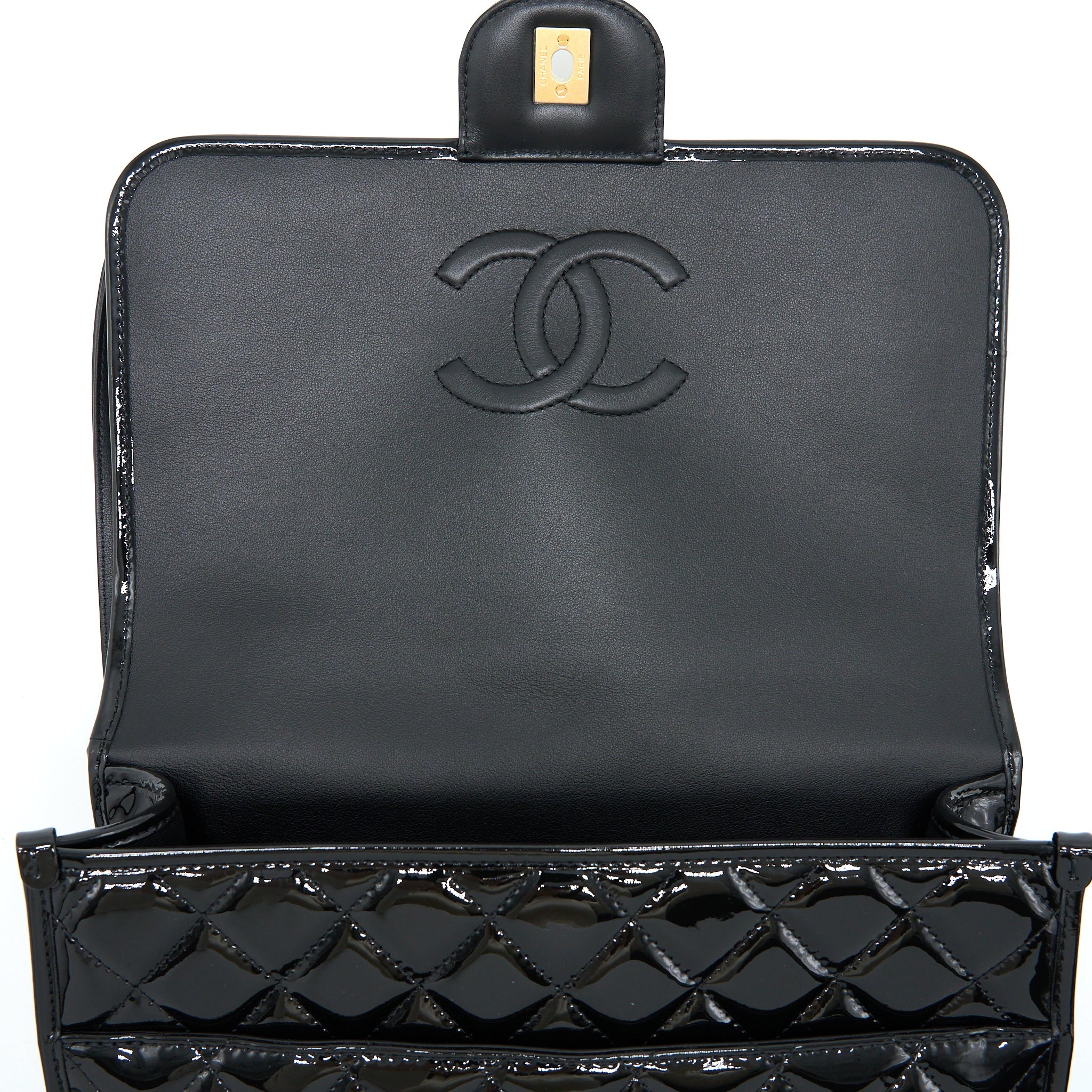 CHANEL 22K LARGE BACKPACK PATENT BLACK BRUSHED GHW (MICROCHIP)