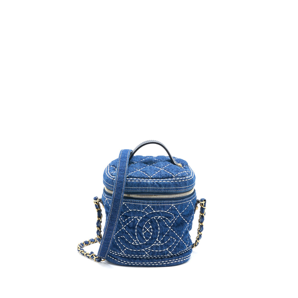 CHANEL TOP HANDLE CROSSBODY VANITY CASE DENIM BLUE BRUSHED GHW