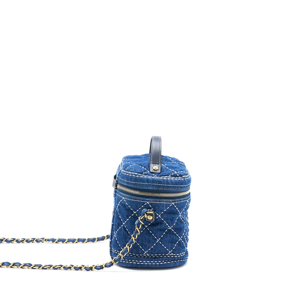 CHANEL TOP HANDLE CROSSBODY VANITY CASE DENIM BLUE BRUSHED GHW