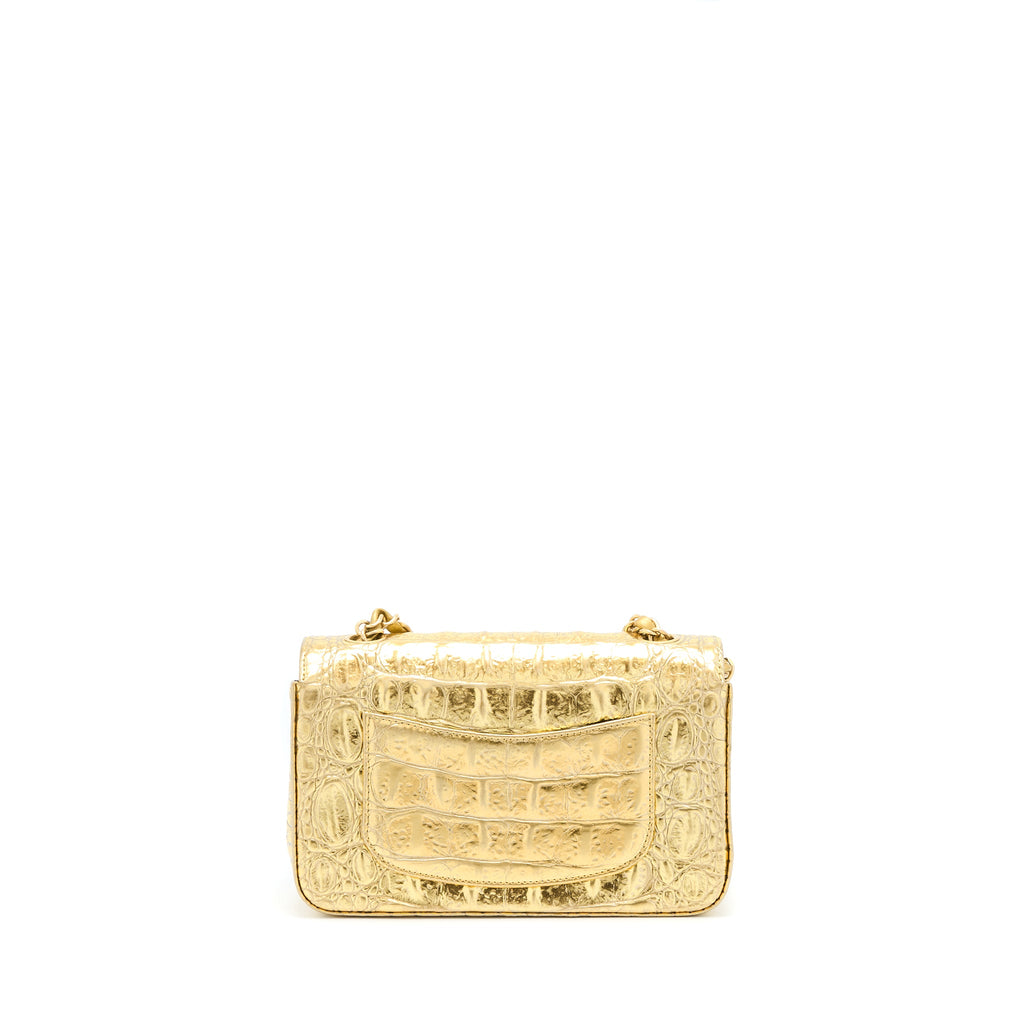 CHANEL MINI RECTANGULAR FLAP BAG CROC EMBOSSED CALFSKIN GOLD GHW