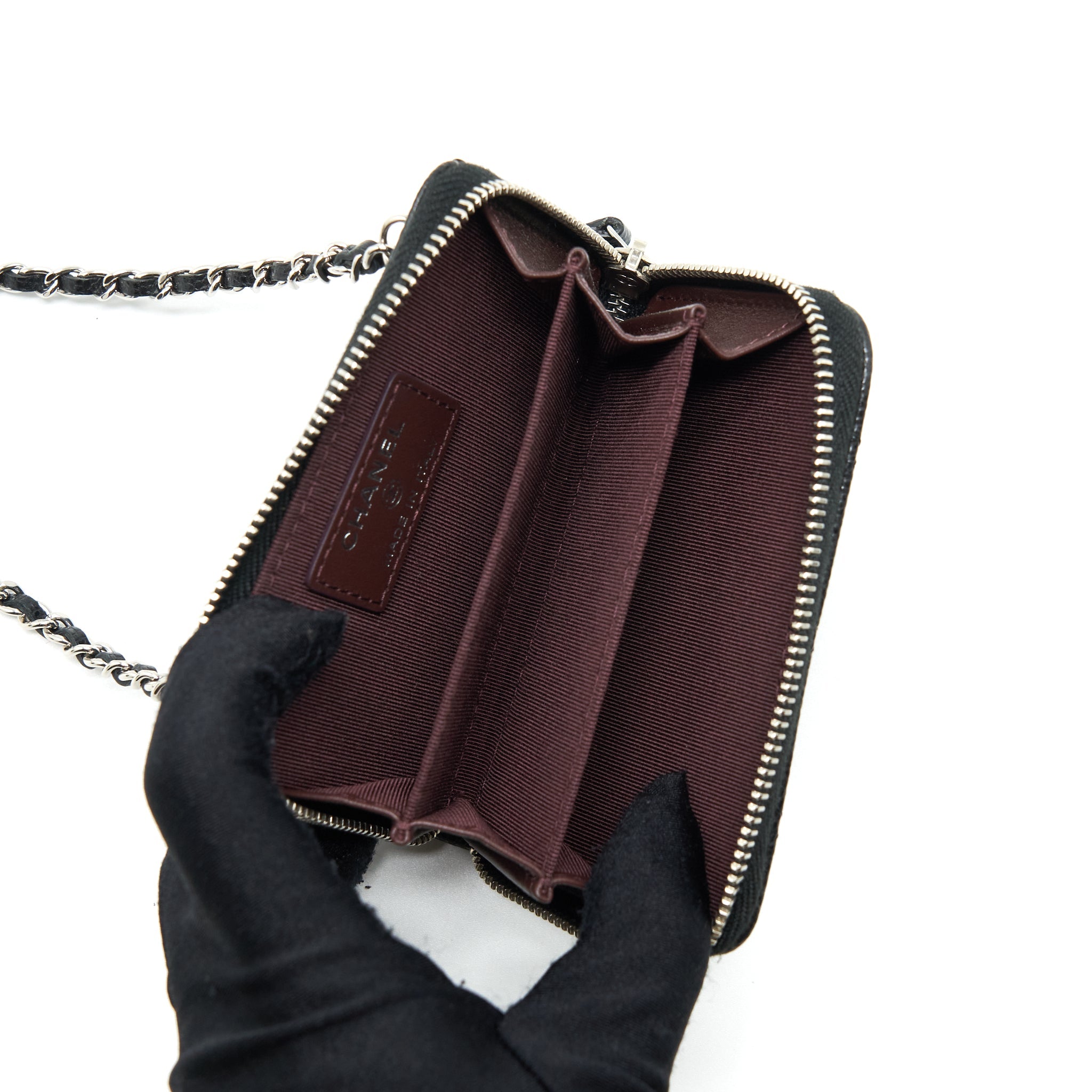CHANEL MINI ZIPPY CARD HOLDER WITH CHAIN CAVIAR BLACK SHW